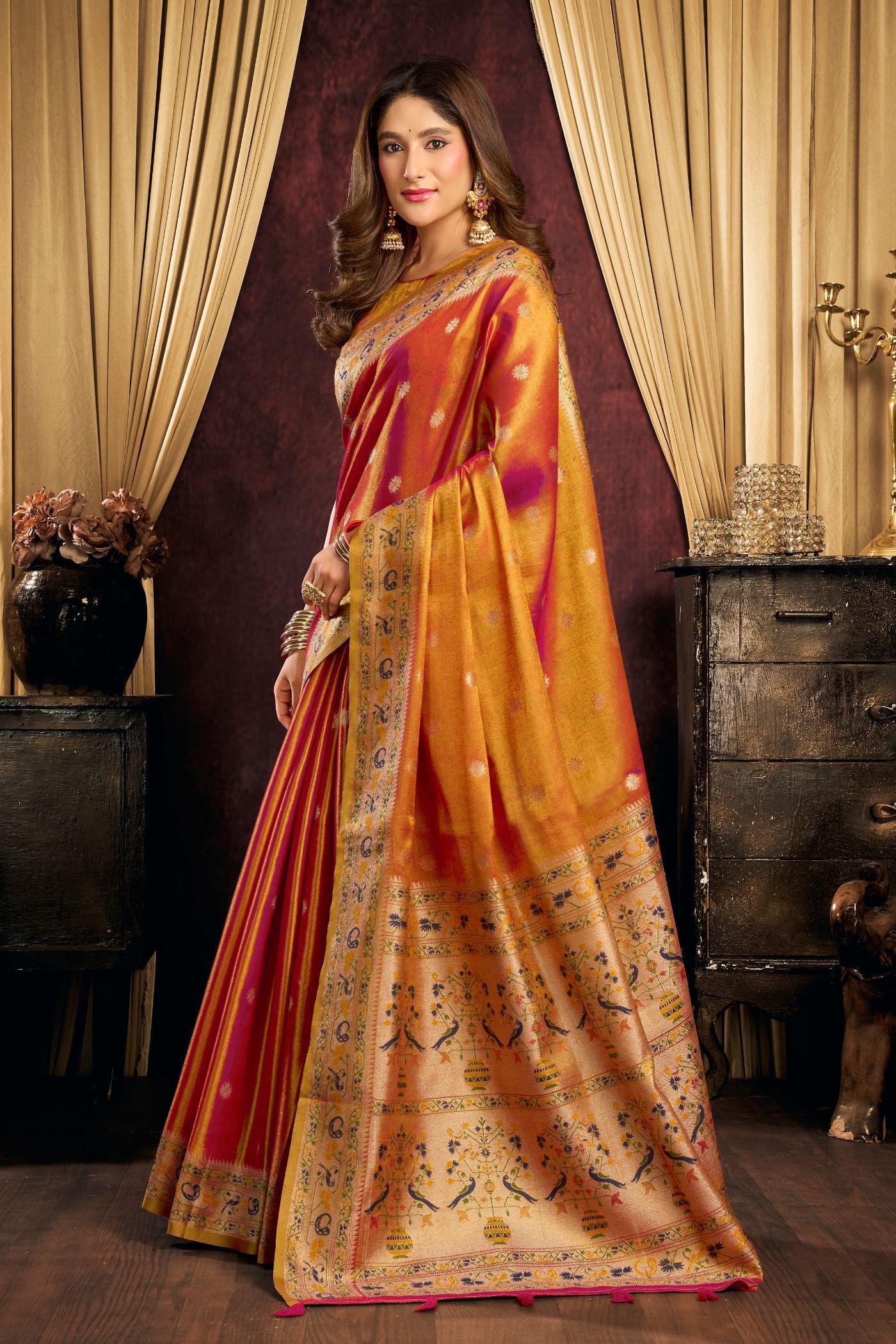 Buy MySilkLove Pumpkin Orange Woven Tissue Paithani Saree Online