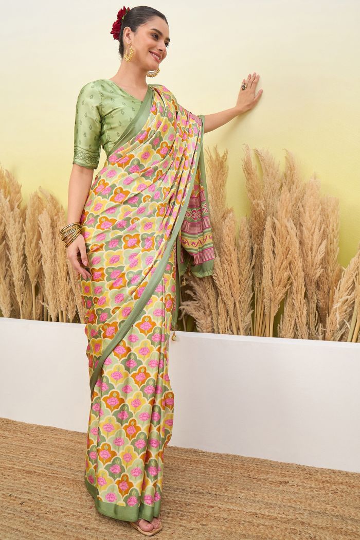 Buy MySilkLove Olive Green and Cream Modal Satin Printed Silk Saree Online