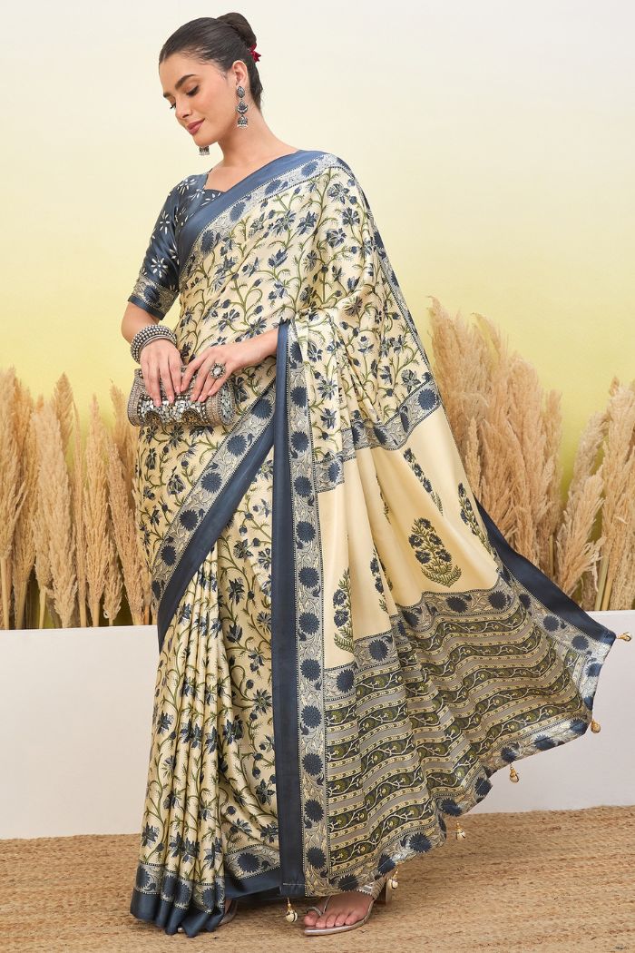 Buy MySilkLove Rice Cream and Blue Modal Satin Printed Silk Saree Online