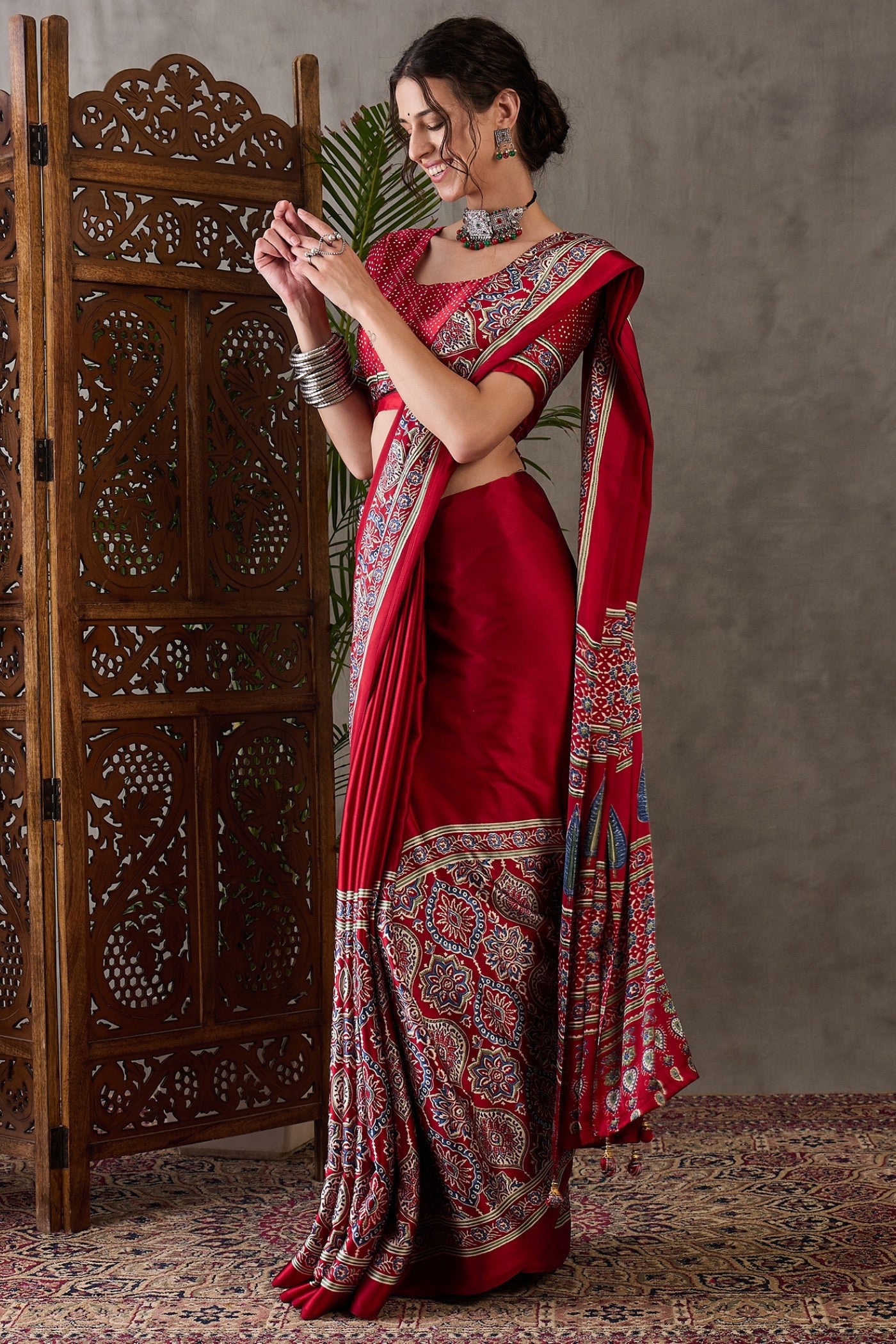 Buy MySilkLove Mocca Maroon Printed Satin Gaji Silk Saree Online