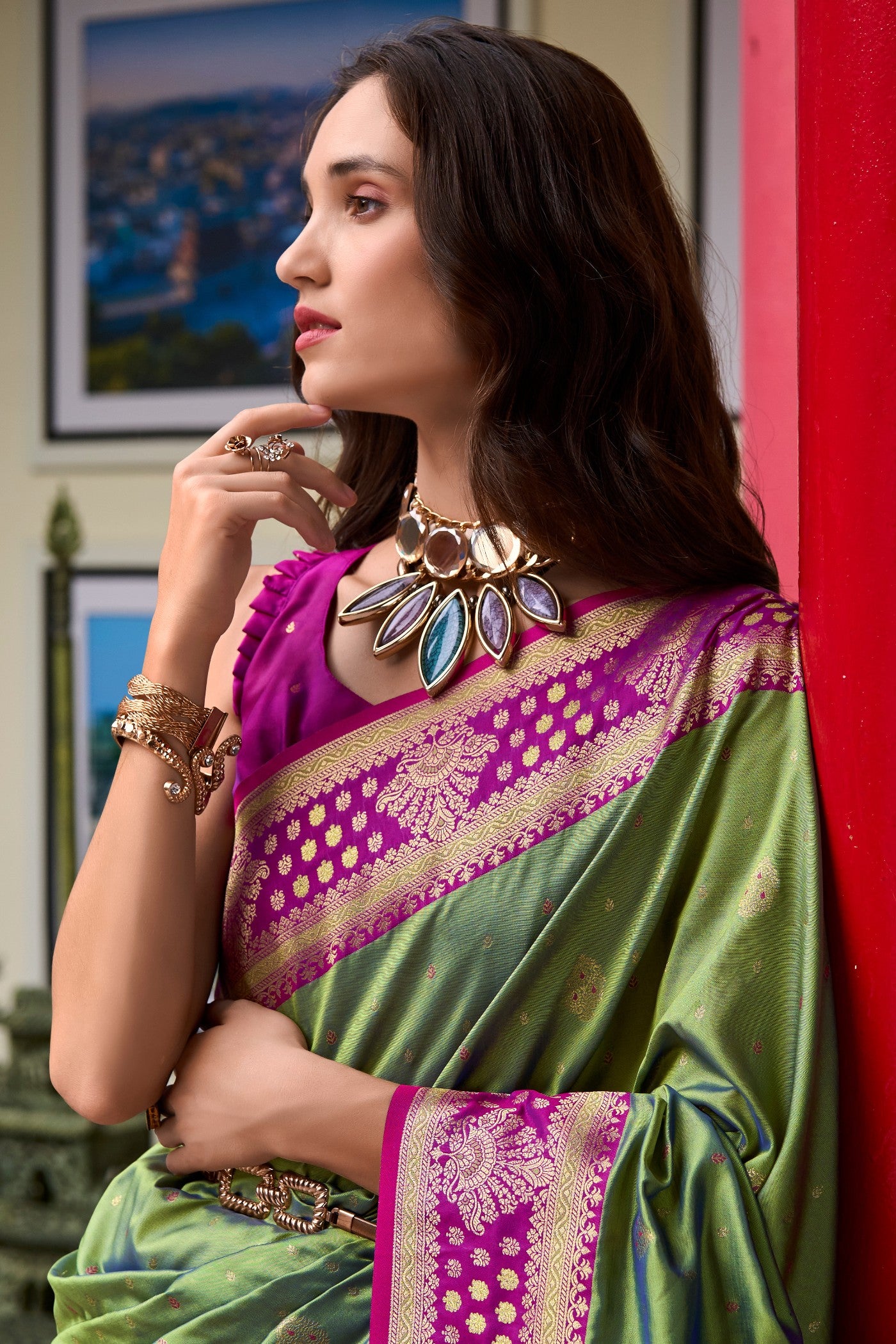 Buy MySilkLove Tecoma Green Woven Banarasi Saree Online