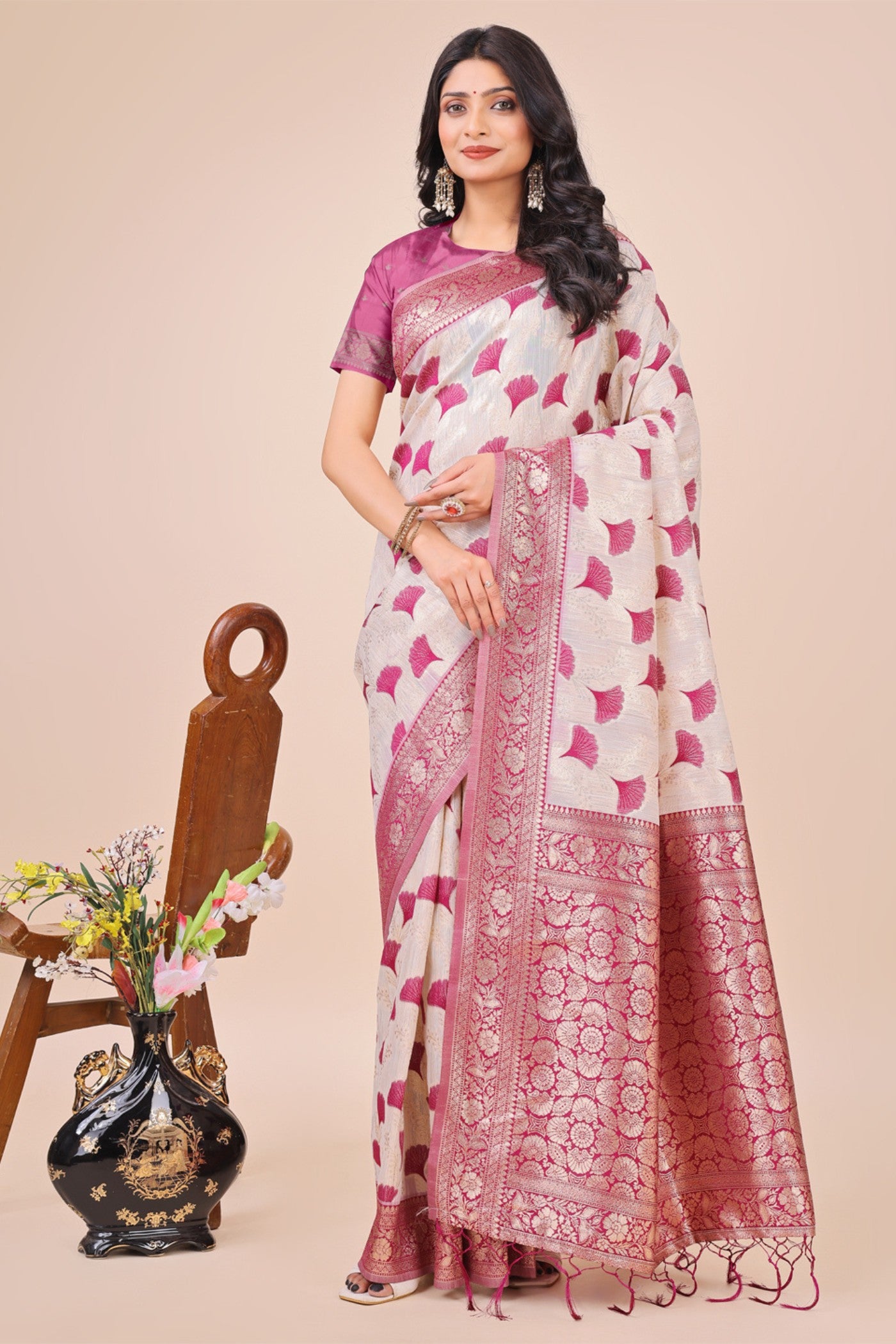 Buy MySilkLove Bone White and Pink Linen Cotton Saree Online