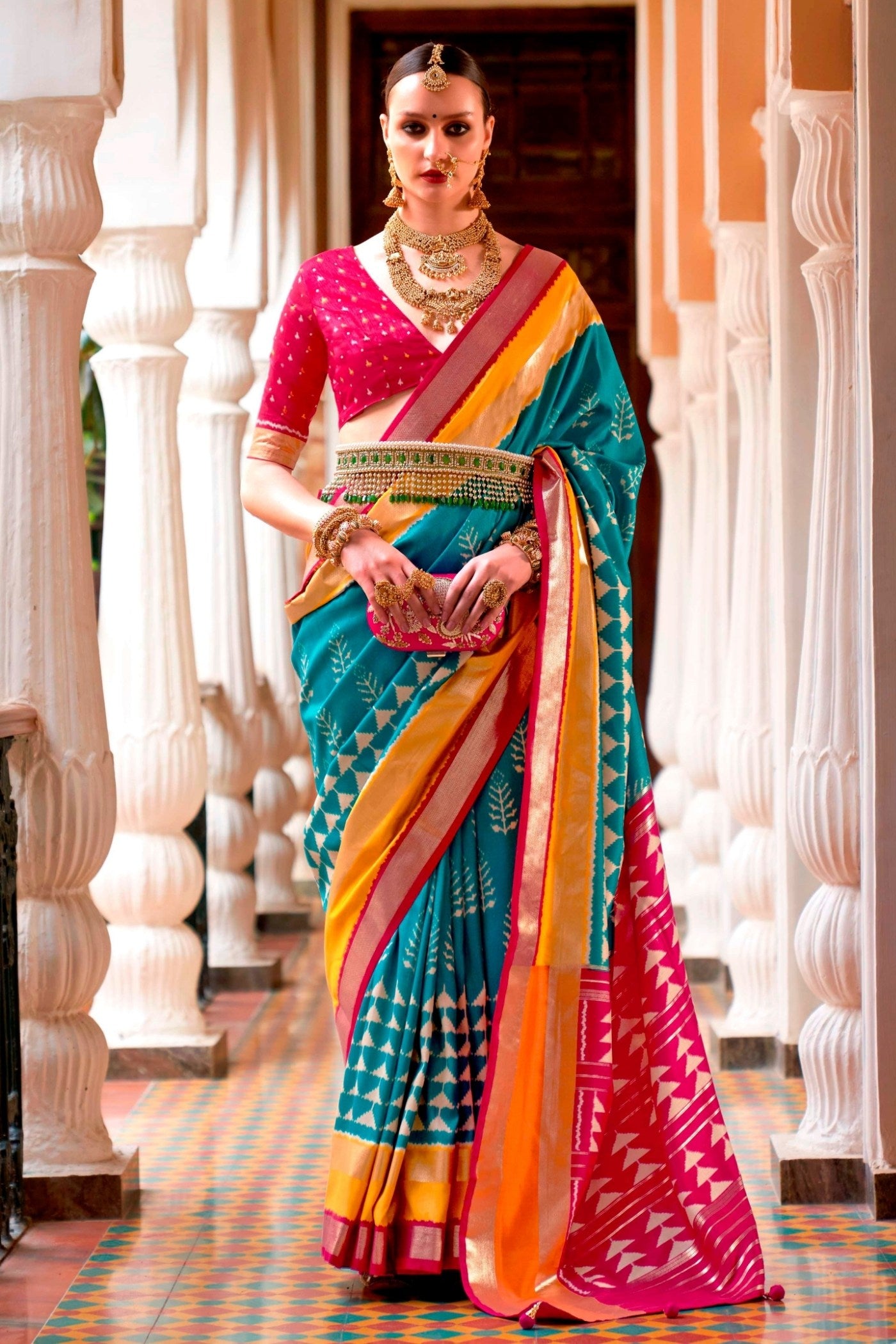 Buy MySilkLove Ice Blue Mist Printed Patola Saree Online