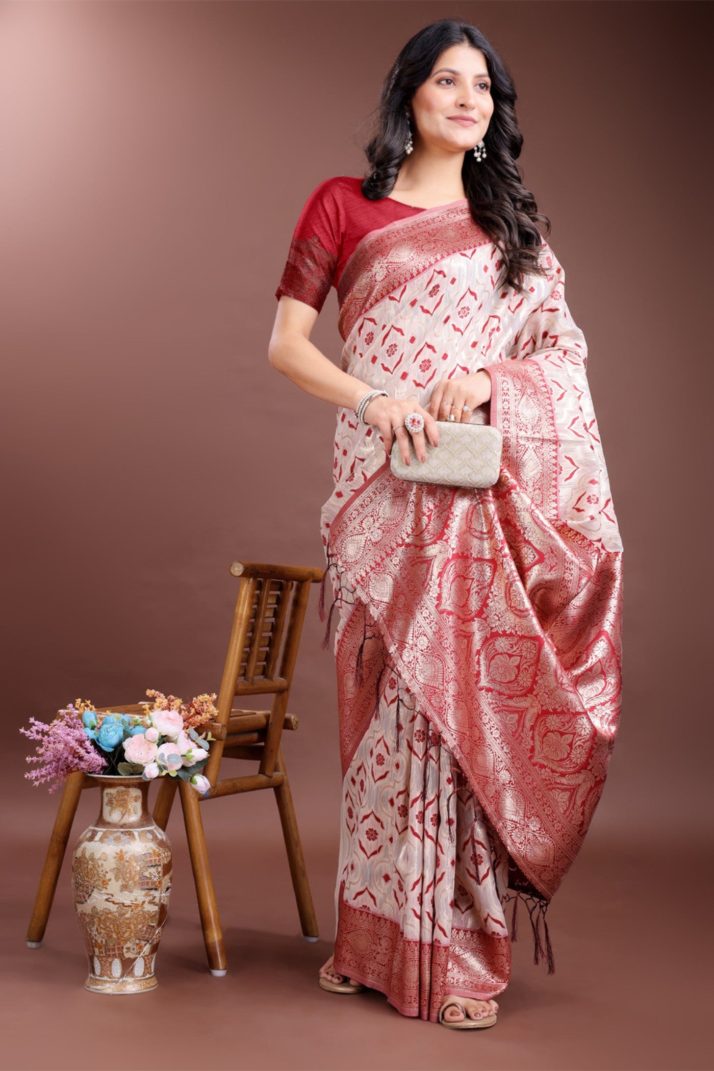 Buy MySilkLove Ruby Red and White Linen Cotton Saree Online