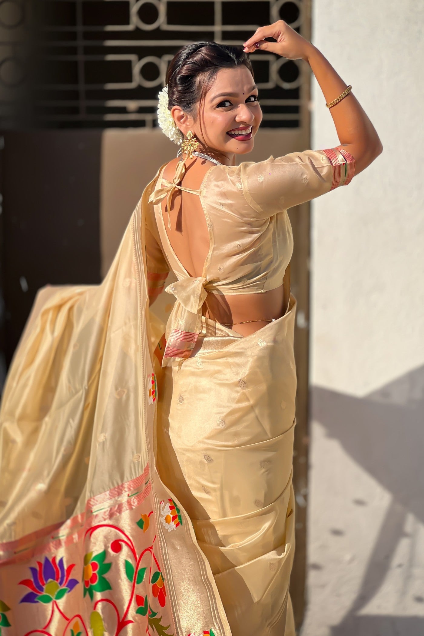 MySilkLove Classic Cream Organza Woven Paithani Saree