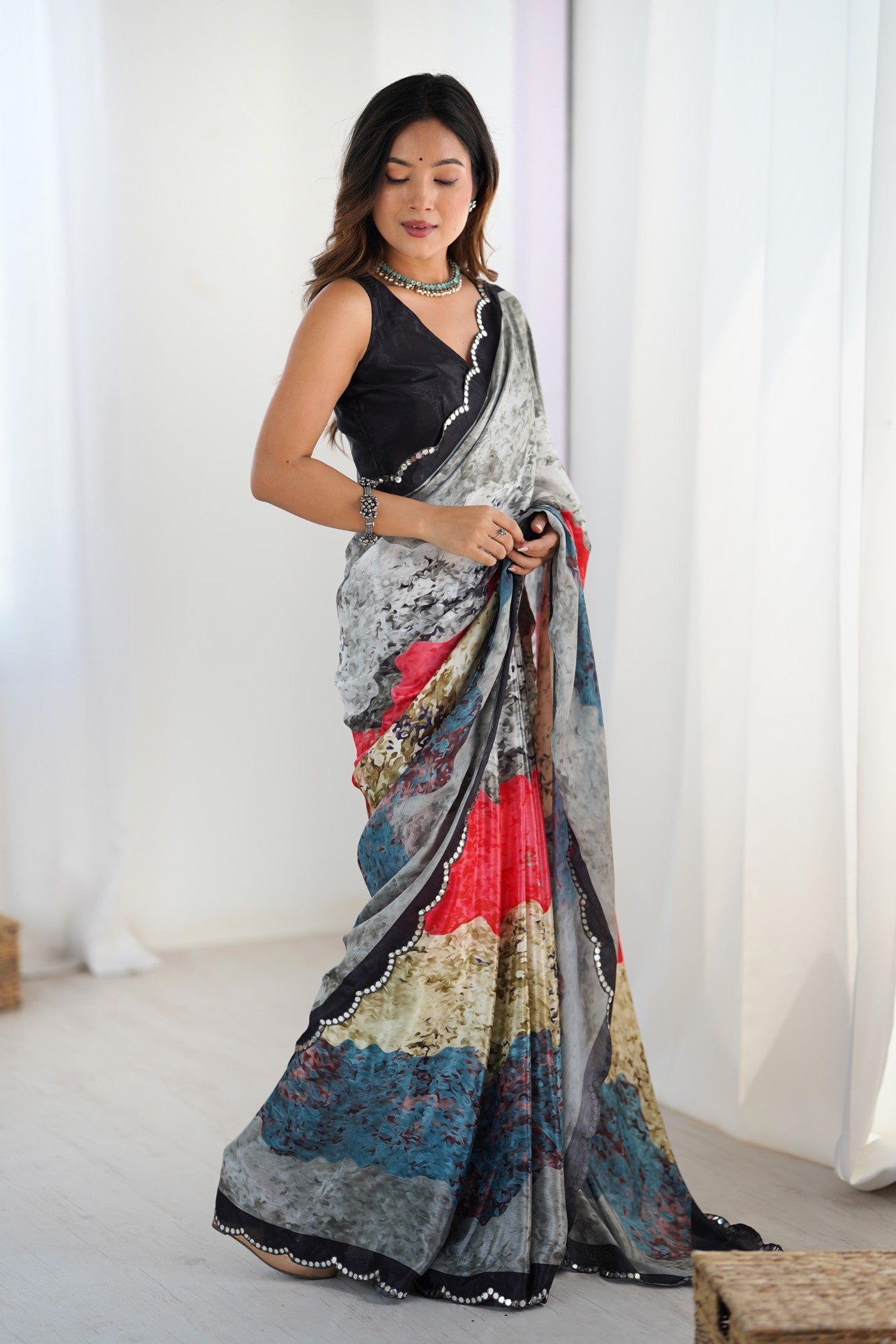 Buy MySilkLove Grey Multicolor Chinon Partywear Saree Online