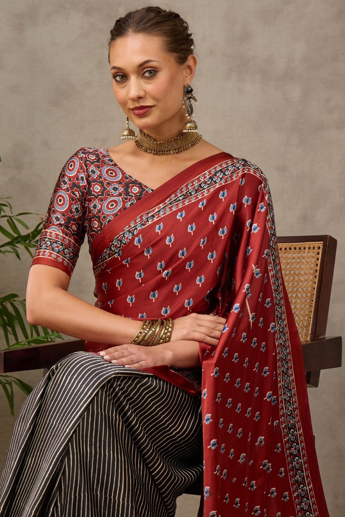 Buy MySilkLove Deep Maroon and Grey Modal Satin Printed Silk Saree Online