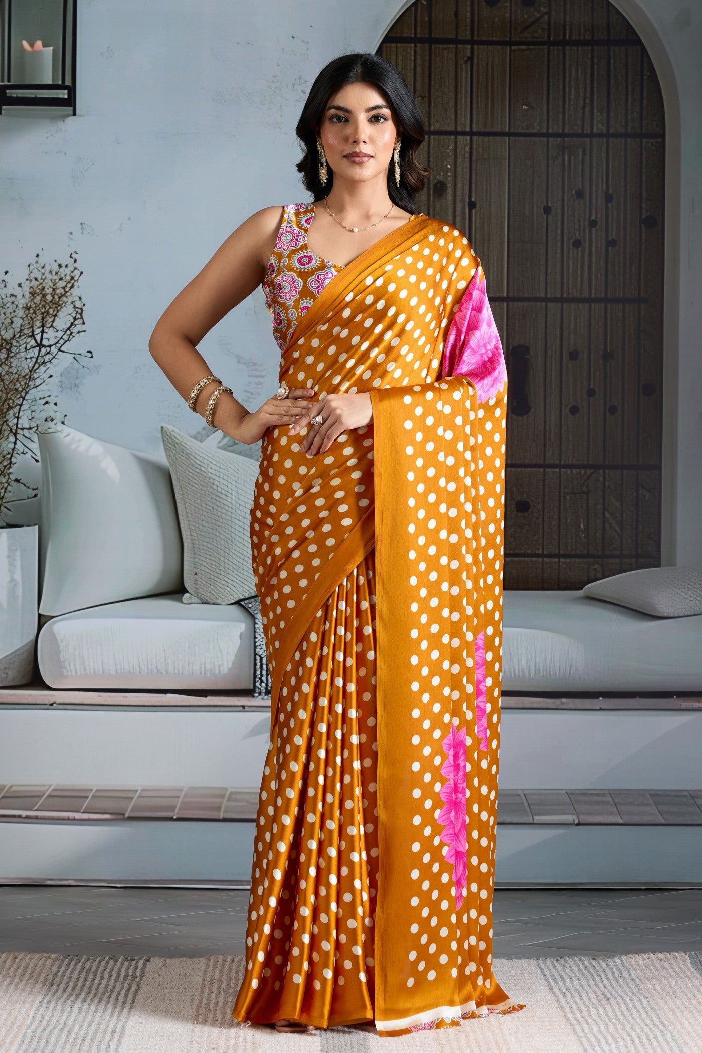 Buy MySilkLove Saffron Yellow Printed Polka Dots Satin Crepe Saree Online