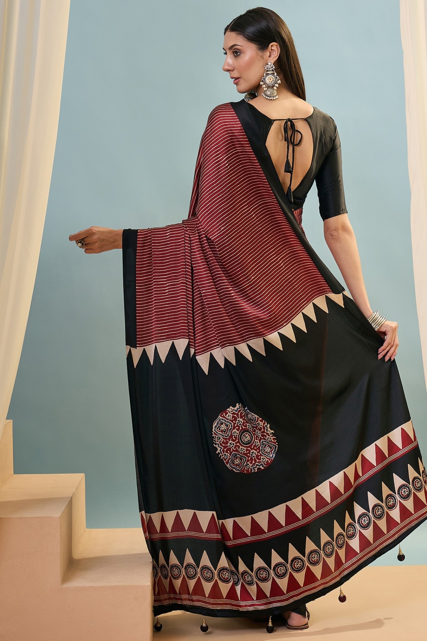 Buy MySilkLove Russet Brown Ajrakh Printed Satin Crepe Silk Saree Online