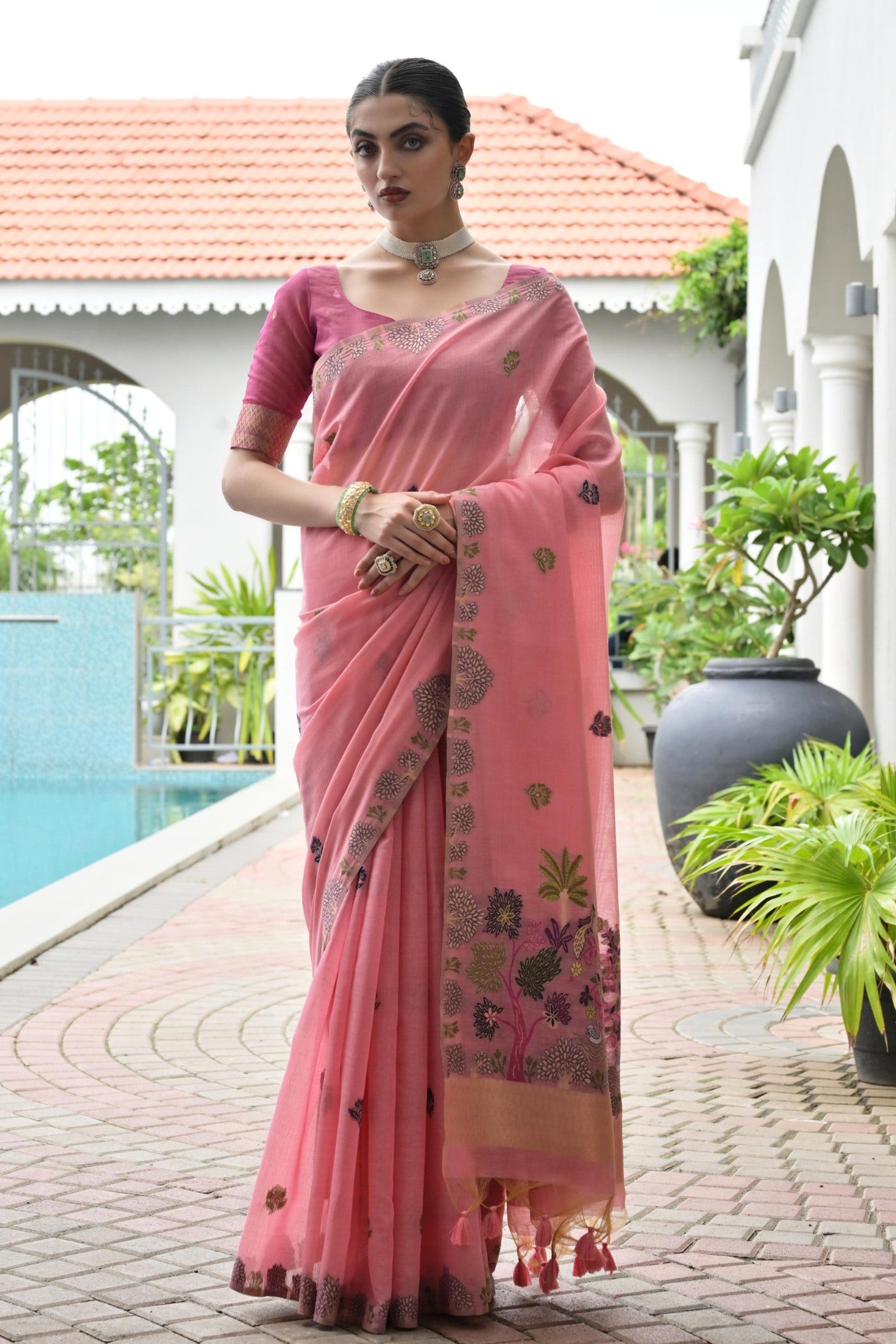 Buy MySilkLove Mulberry Pink Woven Muga Cotton Saree Online