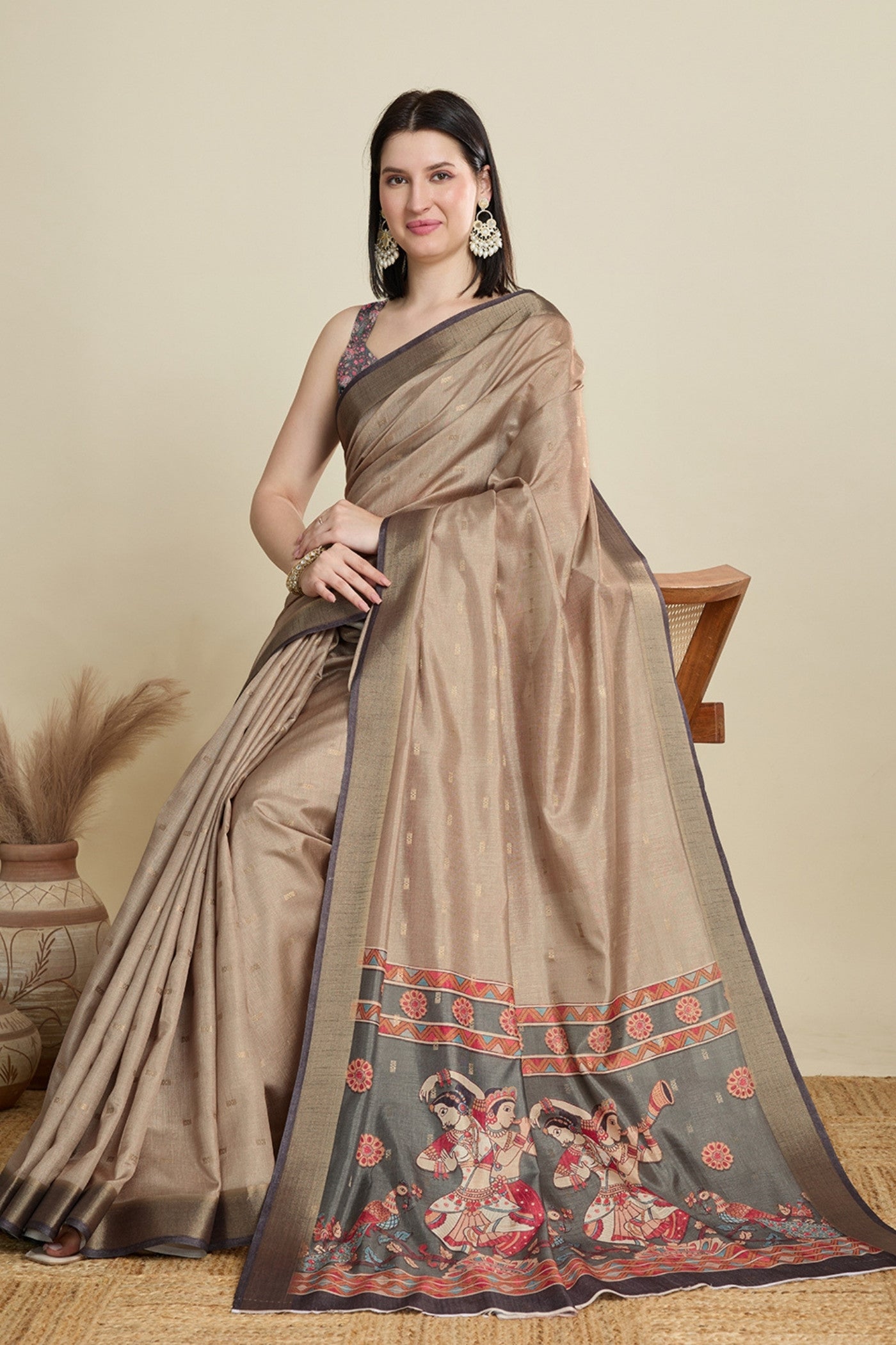Buy MySilkLove Buff Brown Woven Cotton Saree Online