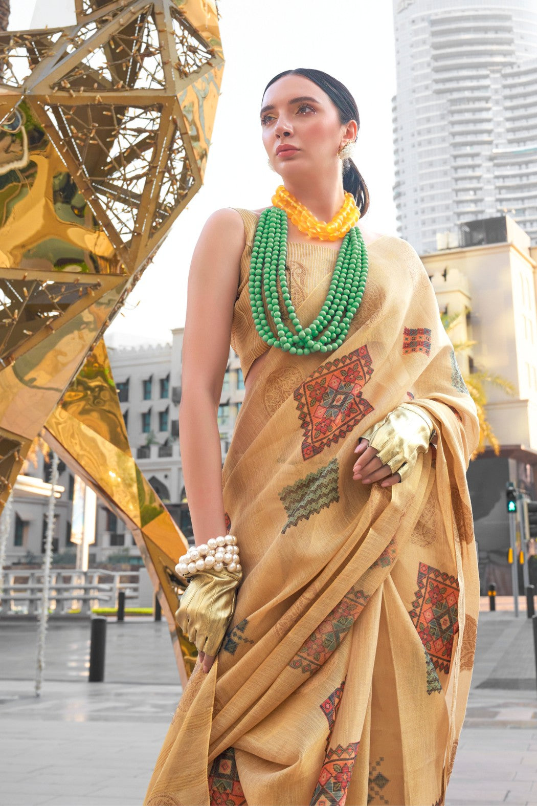 Buy MySilkLove Navajo Golden Printed Handloom Zari Tissue Saree Online