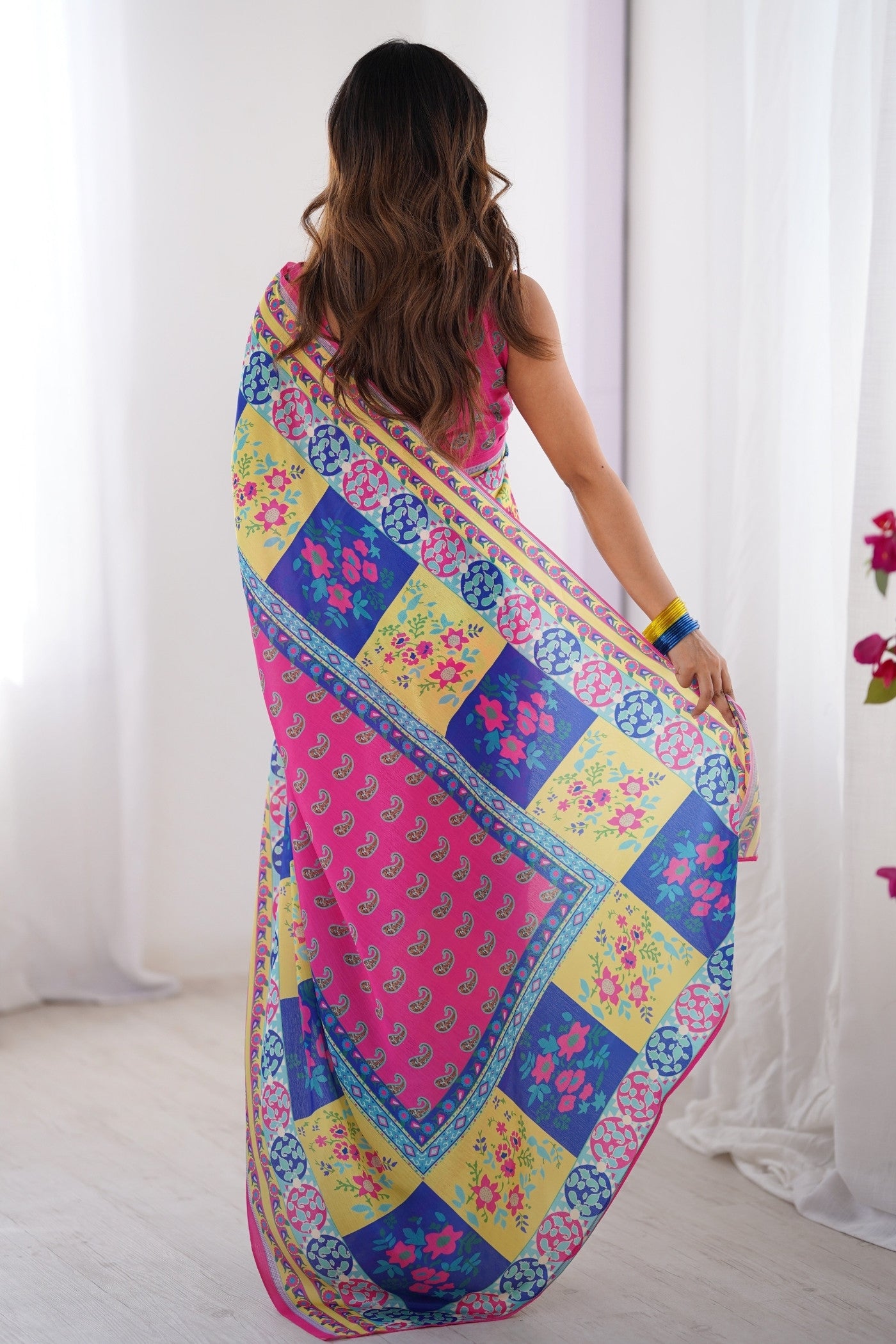 Buy MySilkLove Multicolor Pink Chinon Printed Saree Online