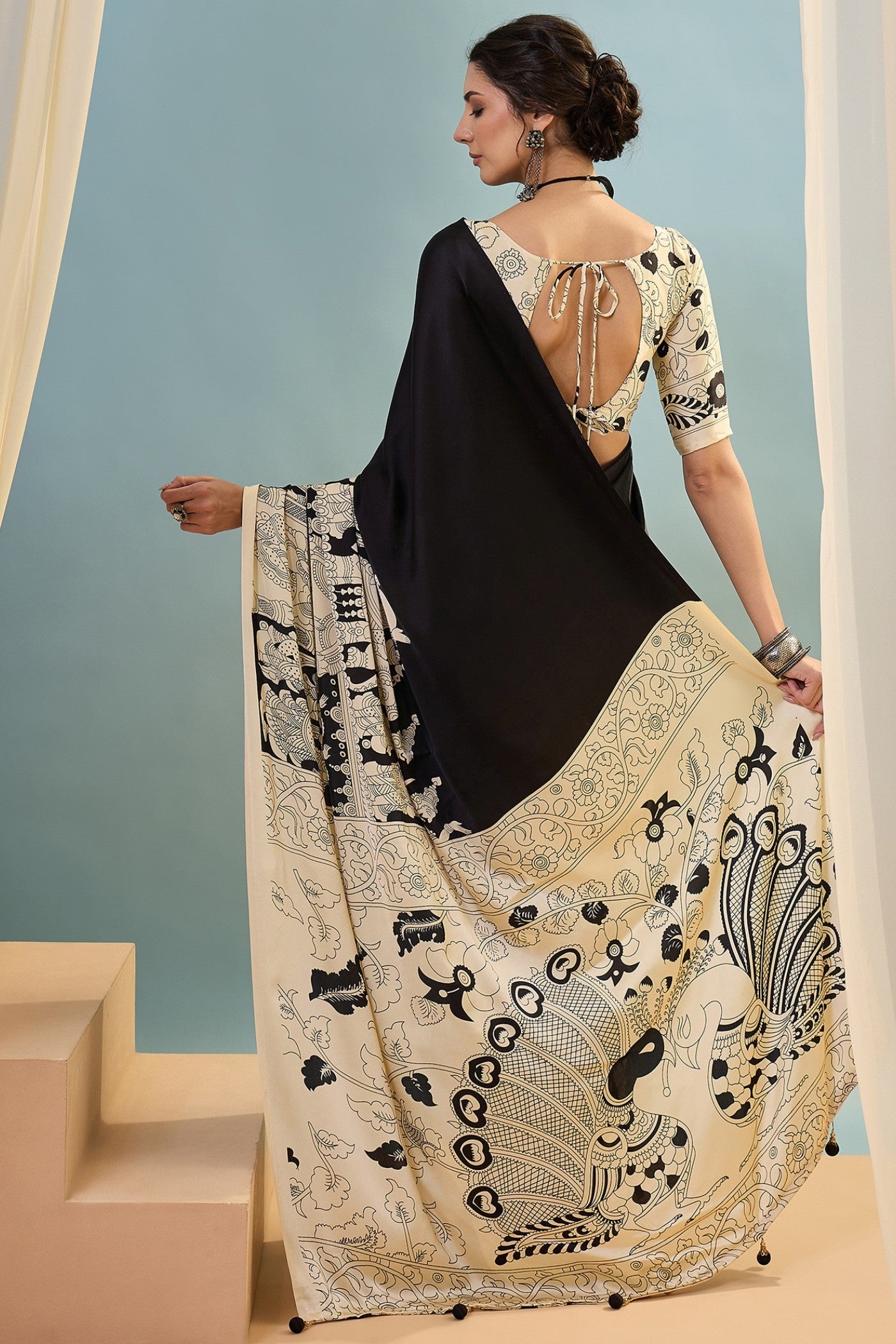 Buy MySilkLove Gunmetal Black Ajrakh Printed Satin Crepe Silk Saree Online