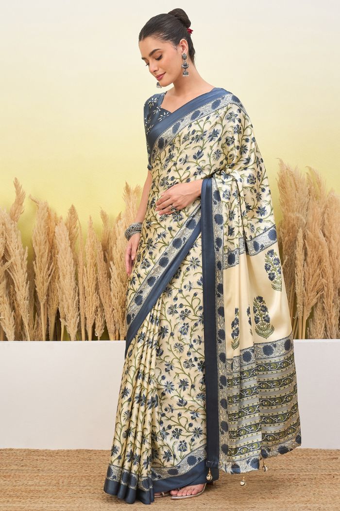 Buy MySilkLove Rice Cream and Blue Modal Satin Printed Silk Saree Online