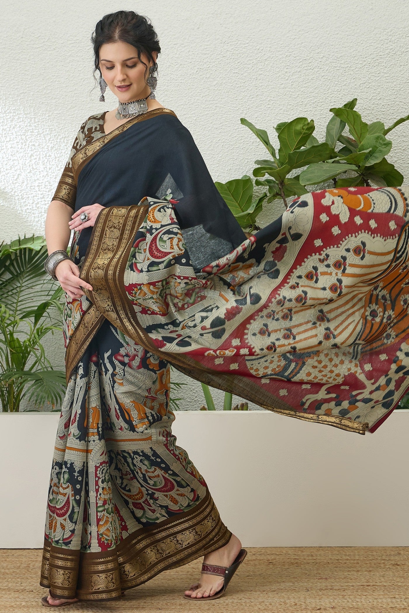 Buy MySilkLove Ink Black Printed Cotton Saree Online