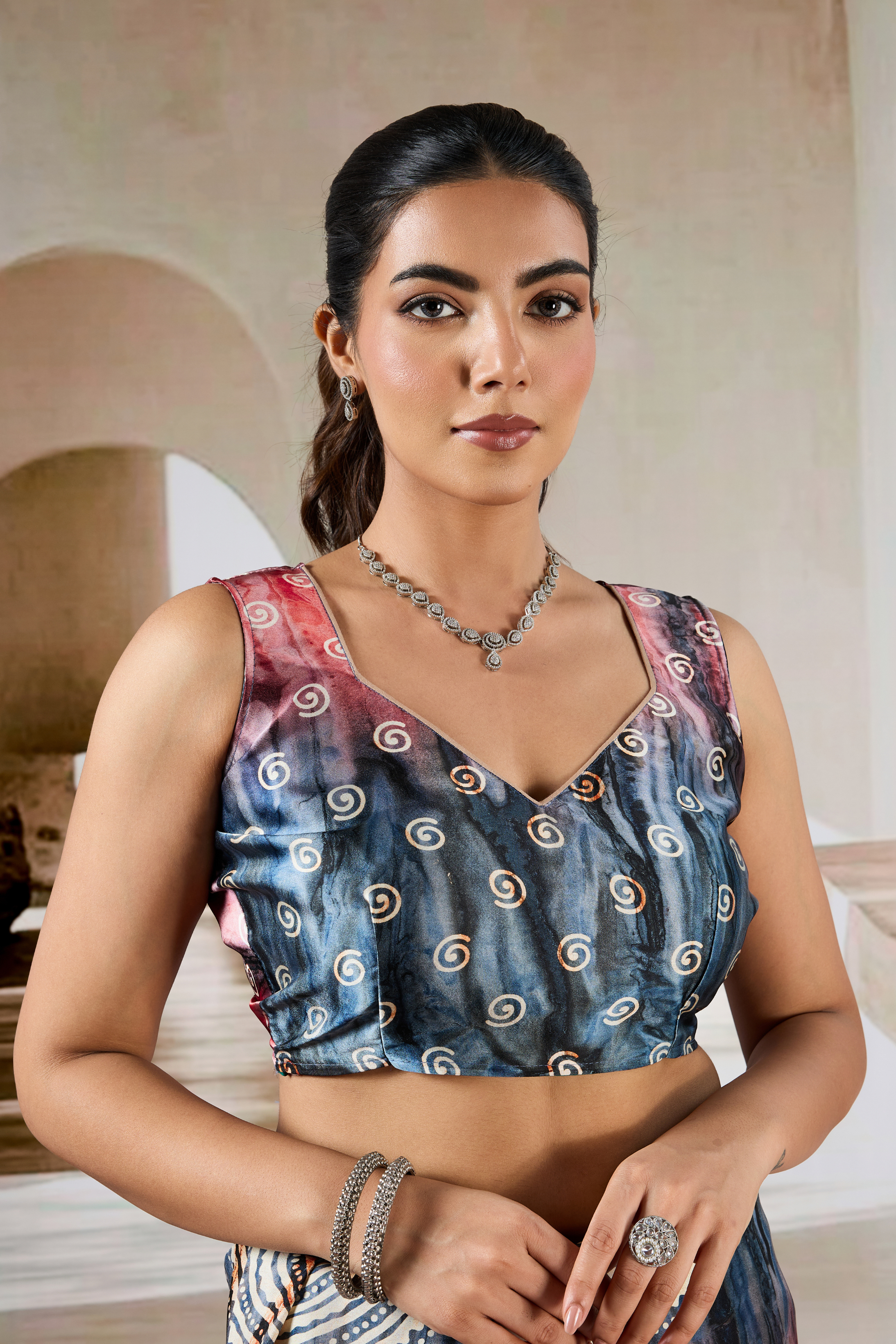 Buy MySilkLove Brown And Grey Modal Satin Hand Prism Print Saree Online