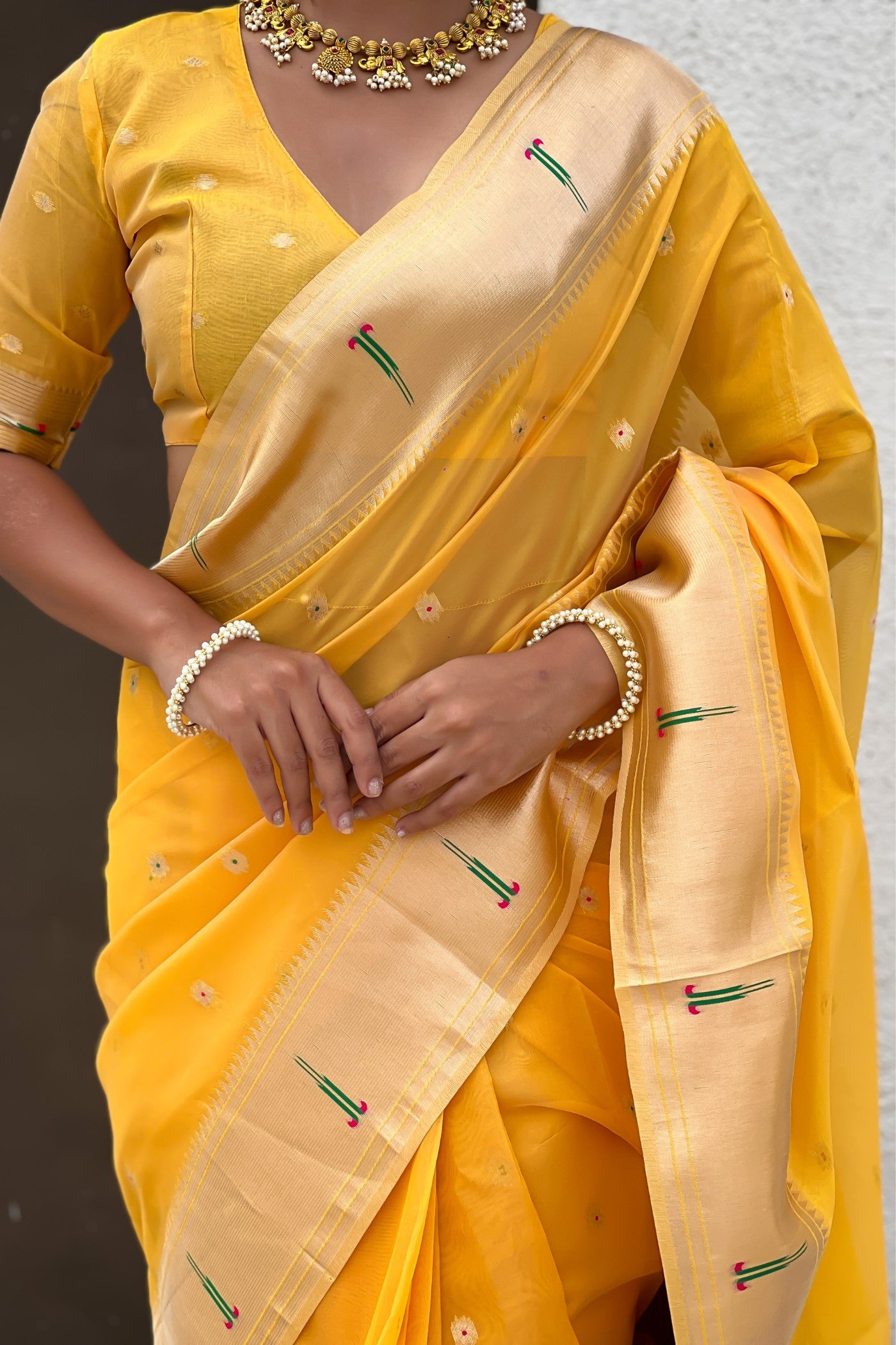 Buy MySilkLove Amber Yellow Organza Woven Paithani Saree Online