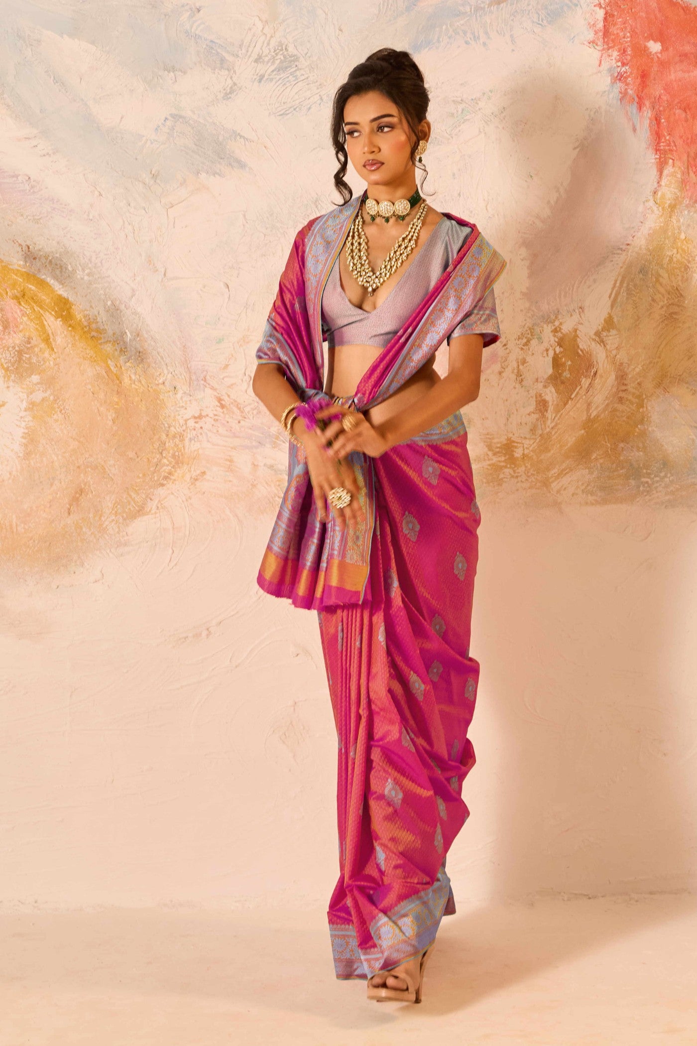 Buy MySilkLove Flamingo Pink Woven Tanchoi Kanjivaram Saree Online