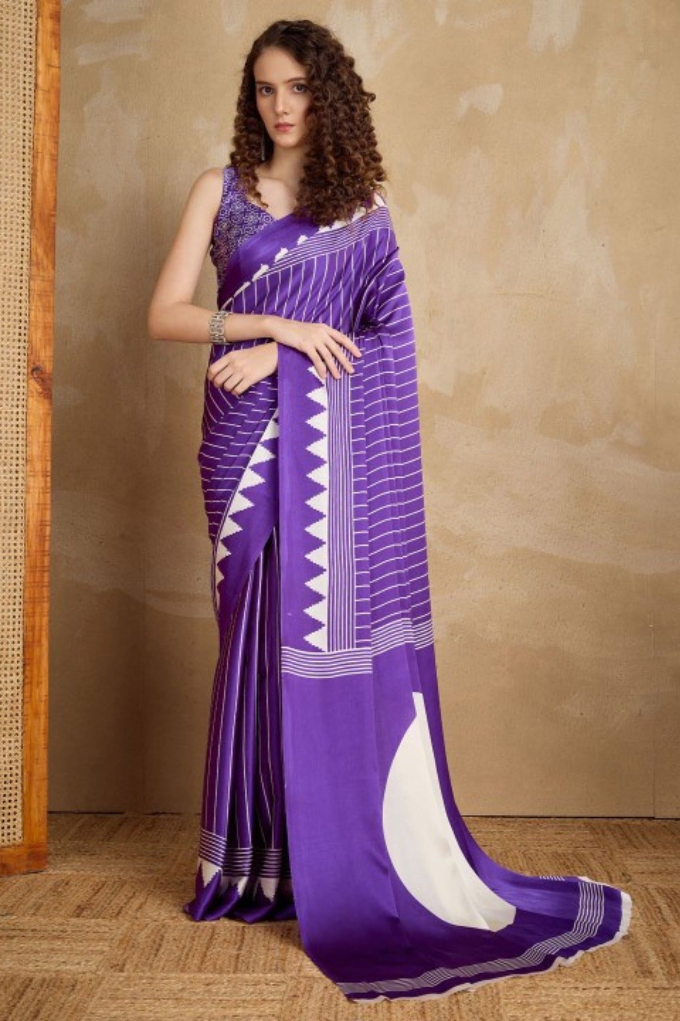 Buy MySilkLove Ferra Purple Ajrakh Printed Satin Crepe Silk Saree Online