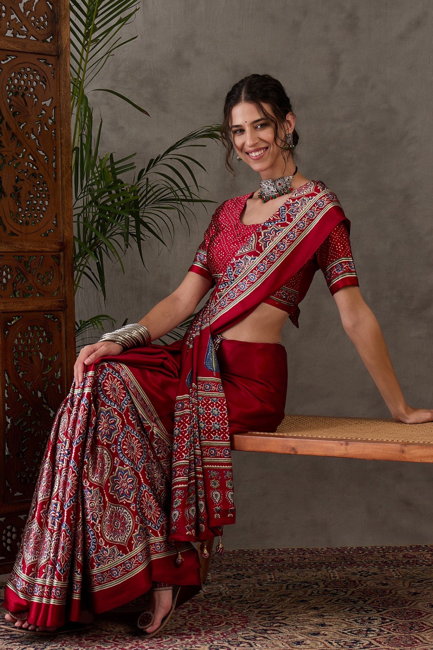 Buy MySilkLove Mocca Maroon Printed Satin Gaji Silk Saree Online
