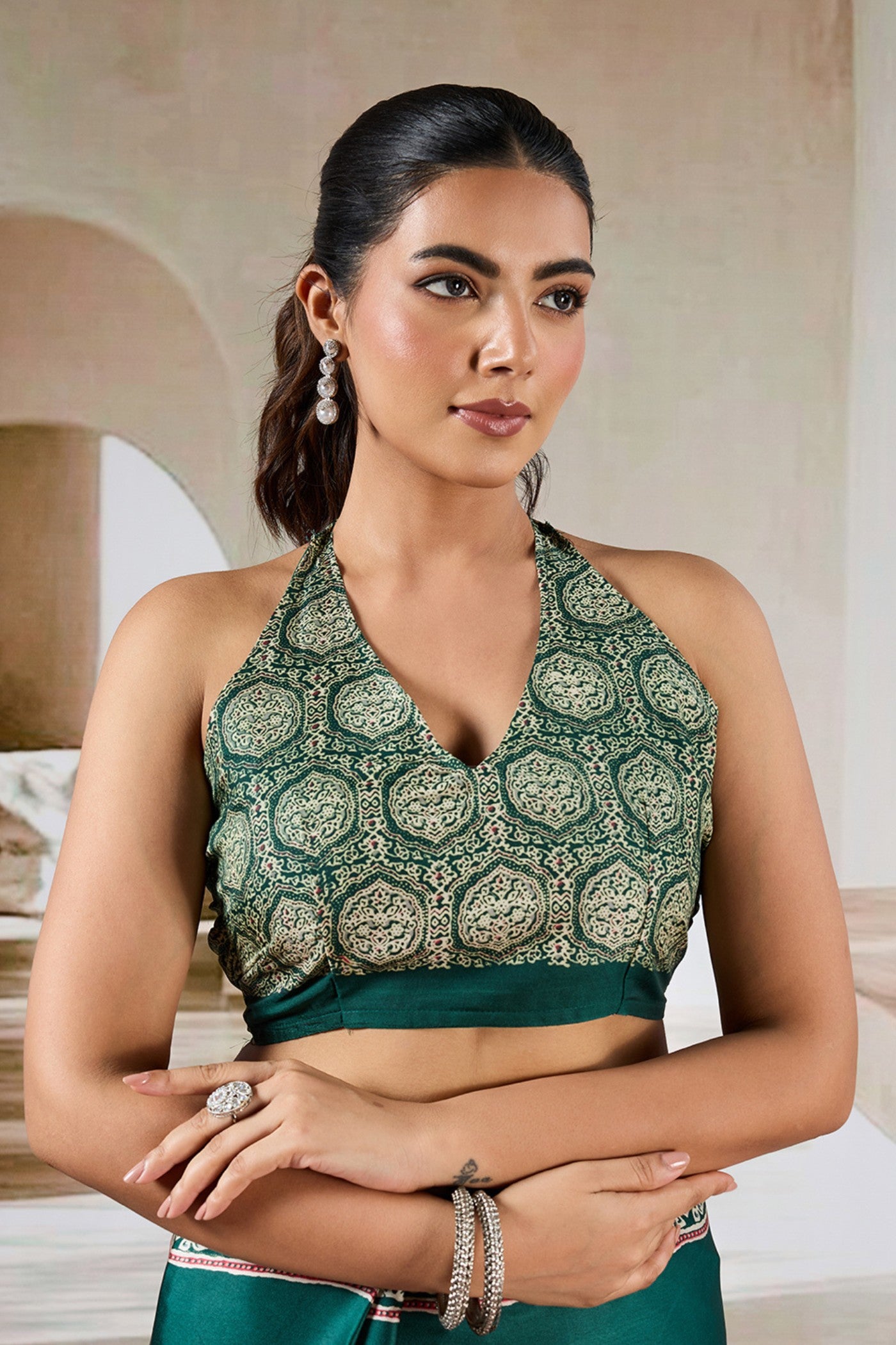 Buy MySilkLove Ainsley Green Ajrakh Printed Satin Crepe Silk Saree Online