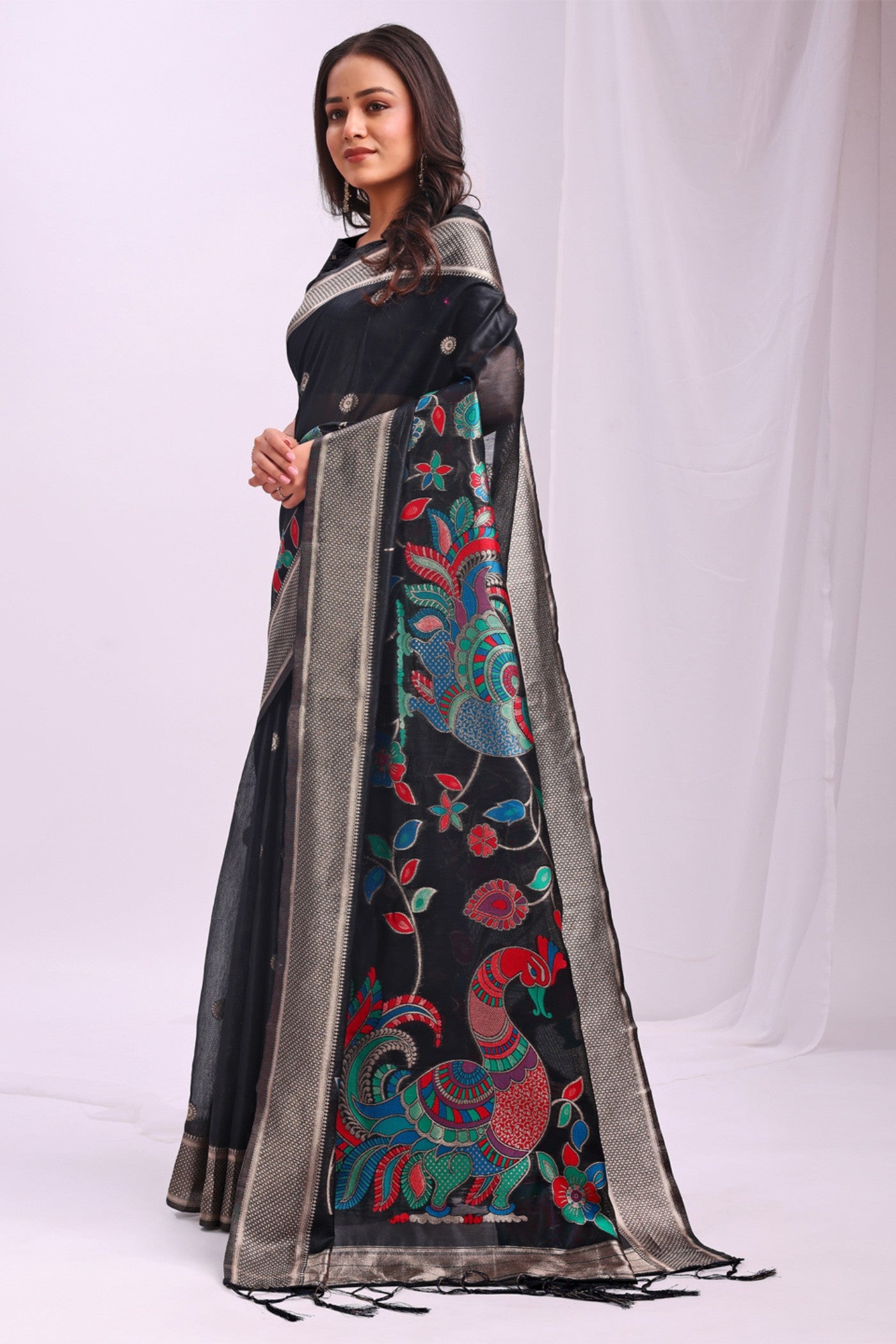 Buy MySilkLove Stone Black Woven Linen Cotton Saree Online