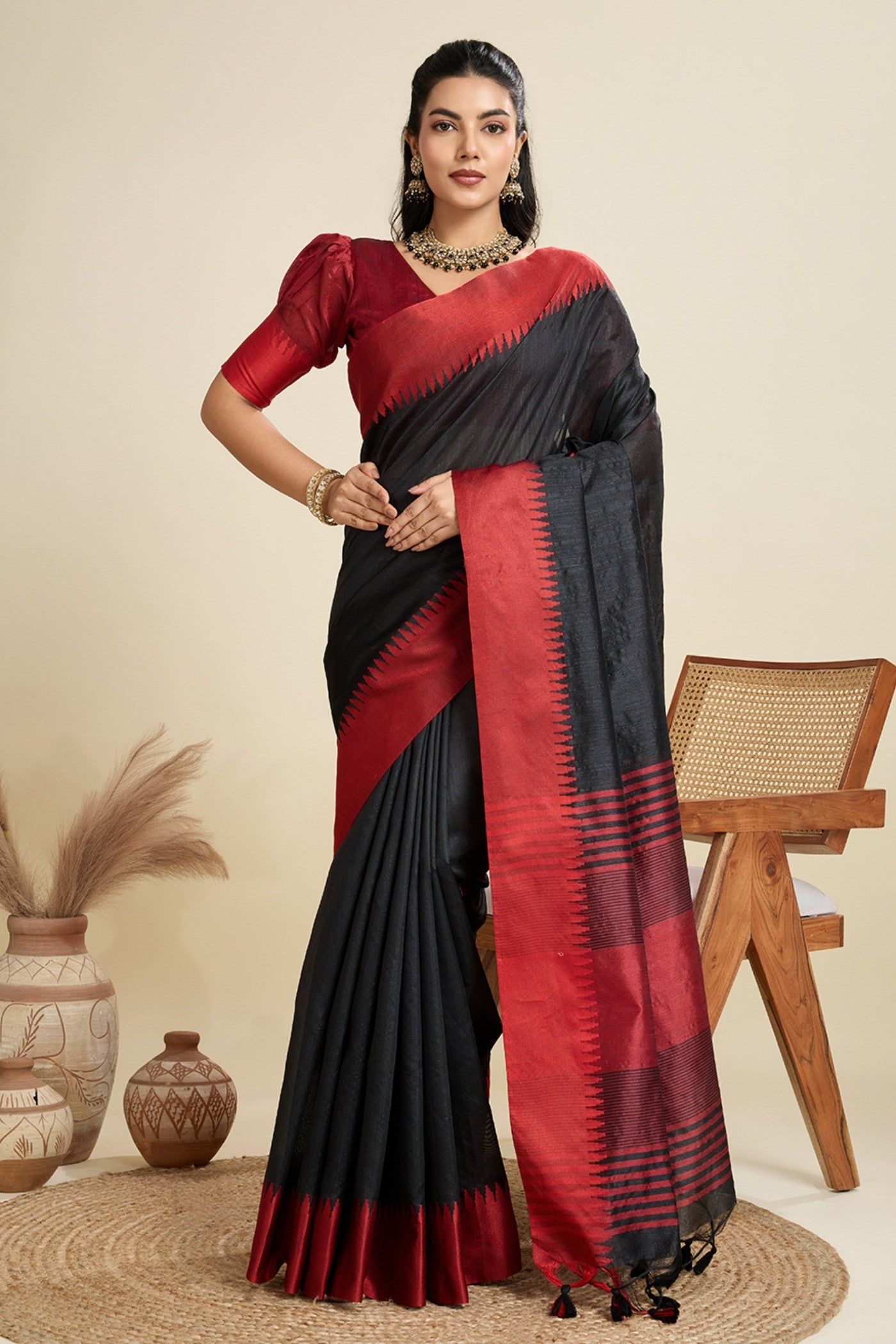 Buy MySilkLove Matte Black Woven Raw Silk Saree Online