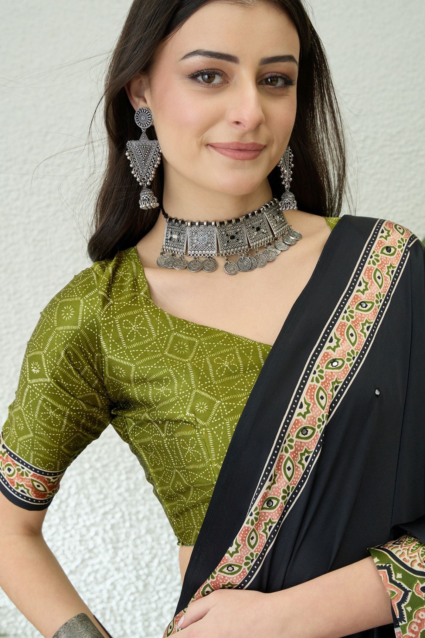 MySilkLove Enigma Black and Green Modal Ajrakh Satin Printed Silk Saree