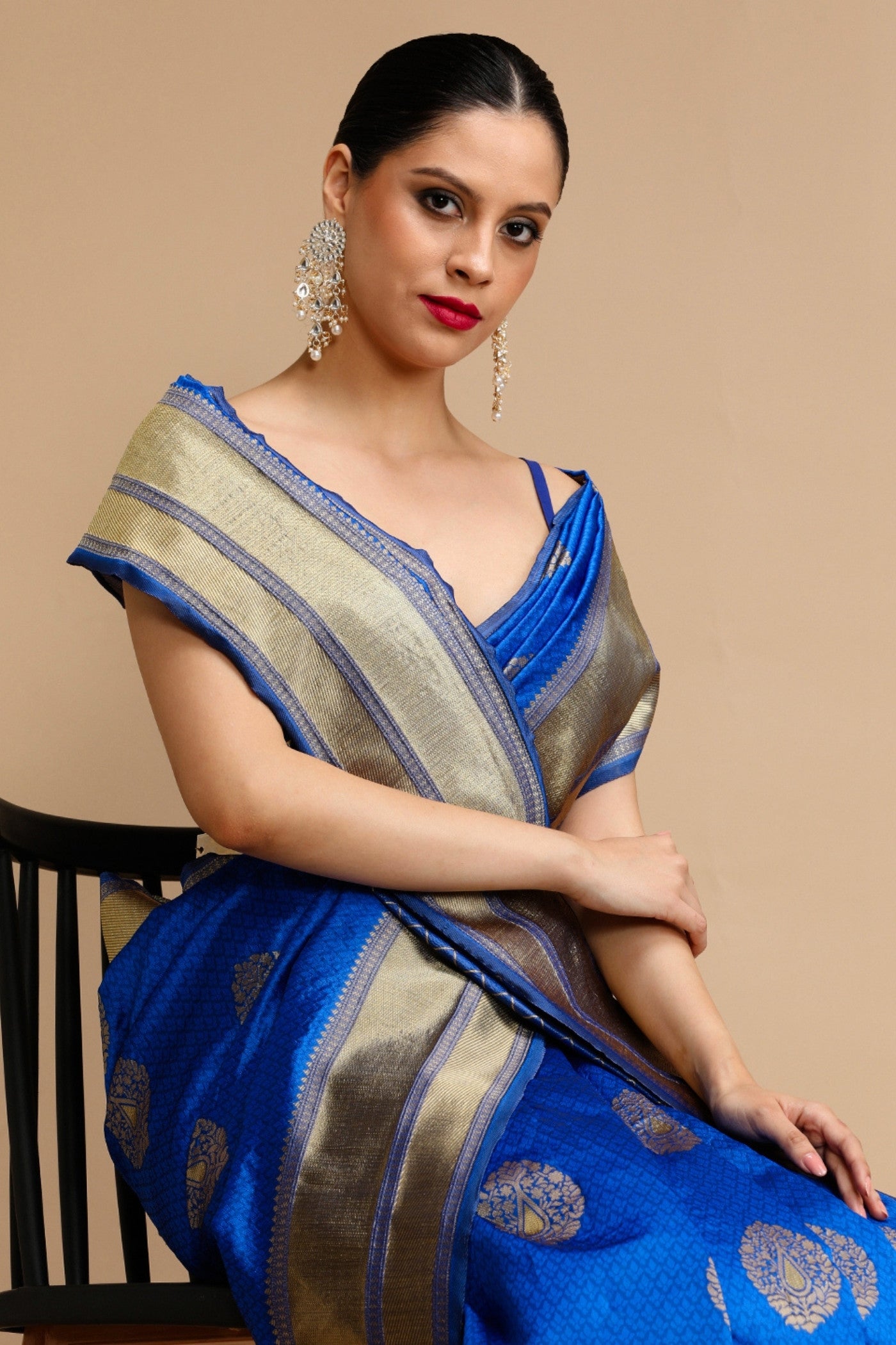 Buy MySilkLove Ultramarine Blue Woven Jacquard Lichi Silk Saree Online
