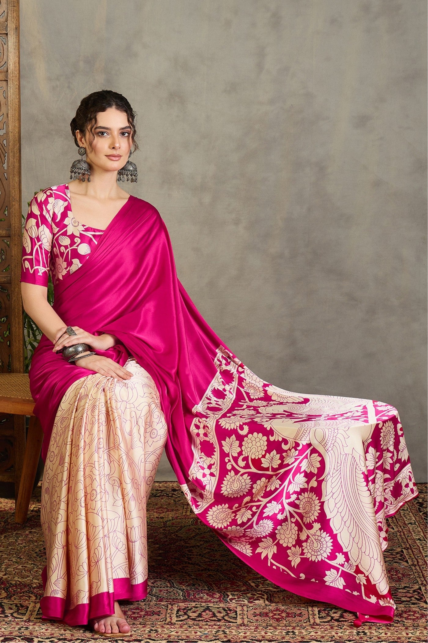 Buy MySilkLove Paradise Pink Kalamkari Printed Satin Silk Saree Online