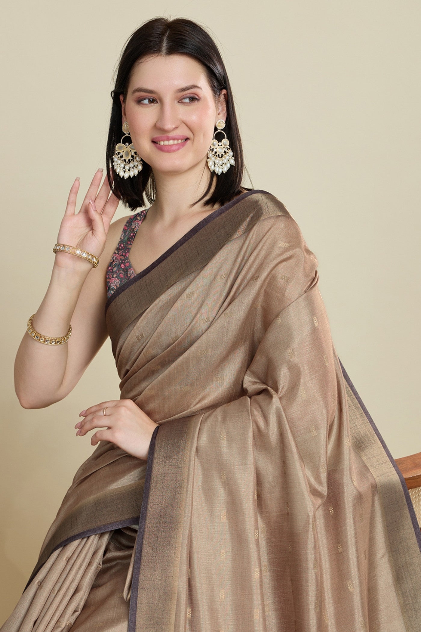 Buy MySilkLove Buff Brown Woven Cotton Saree Online