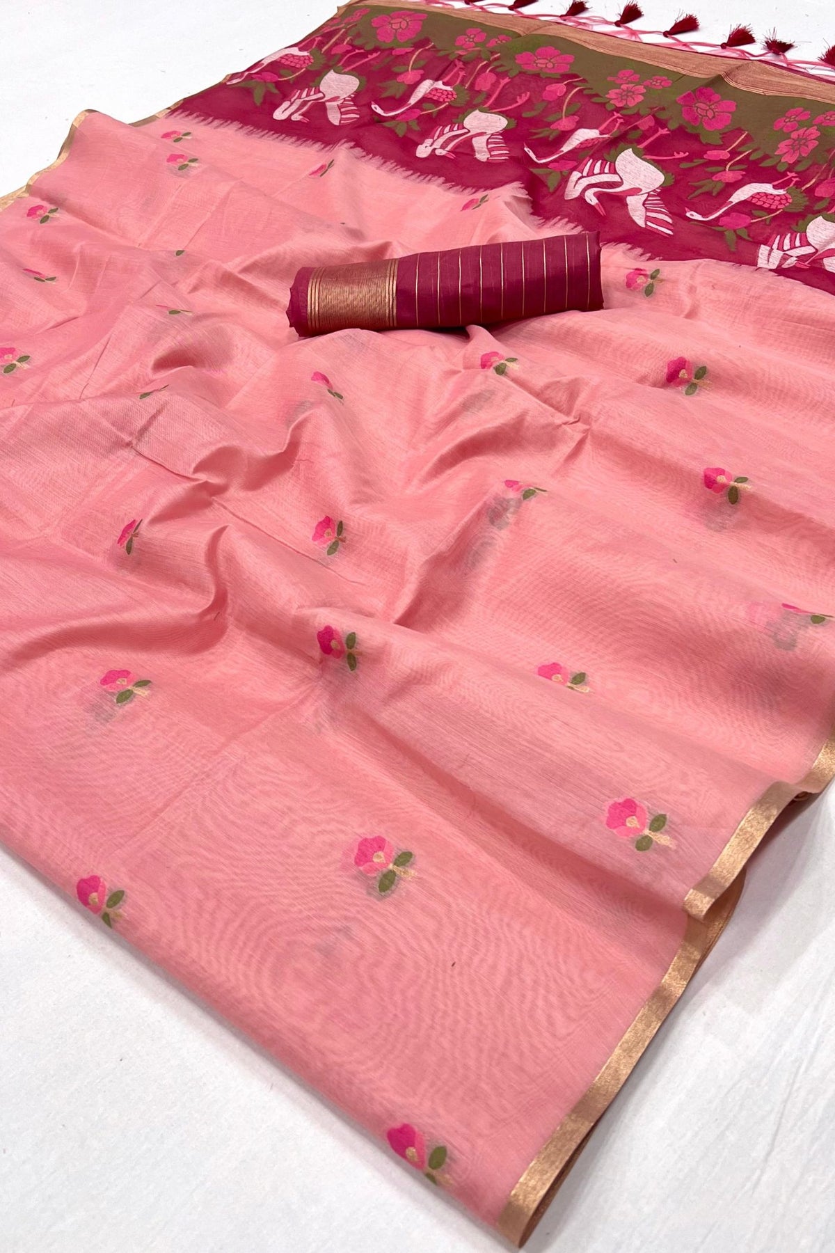 Buy MySilkLove Tulip Blush Pink Cotton Handloom Swan Saree Online