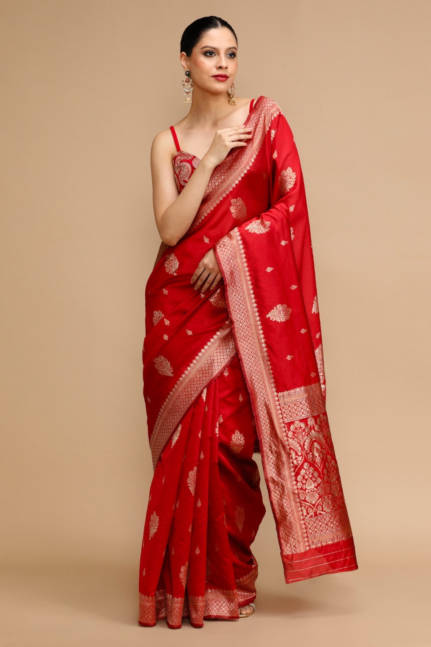 Buy MySilkLove Coral Red Woven Jacquard Lichi Silk Saree Online