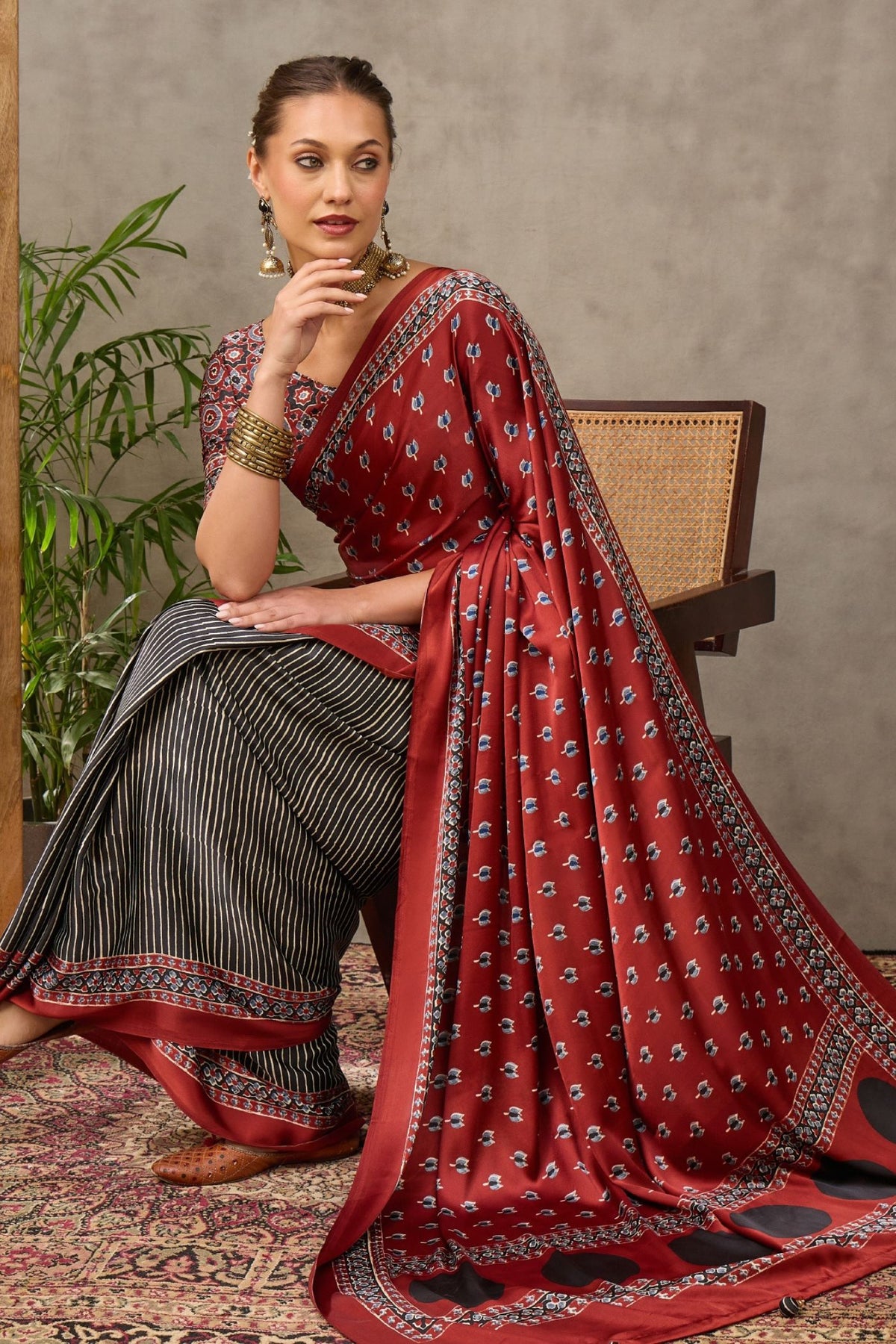 Buy MySilkLove Deep Maroon and Grey Modal Satin Printed Silk Saree Online