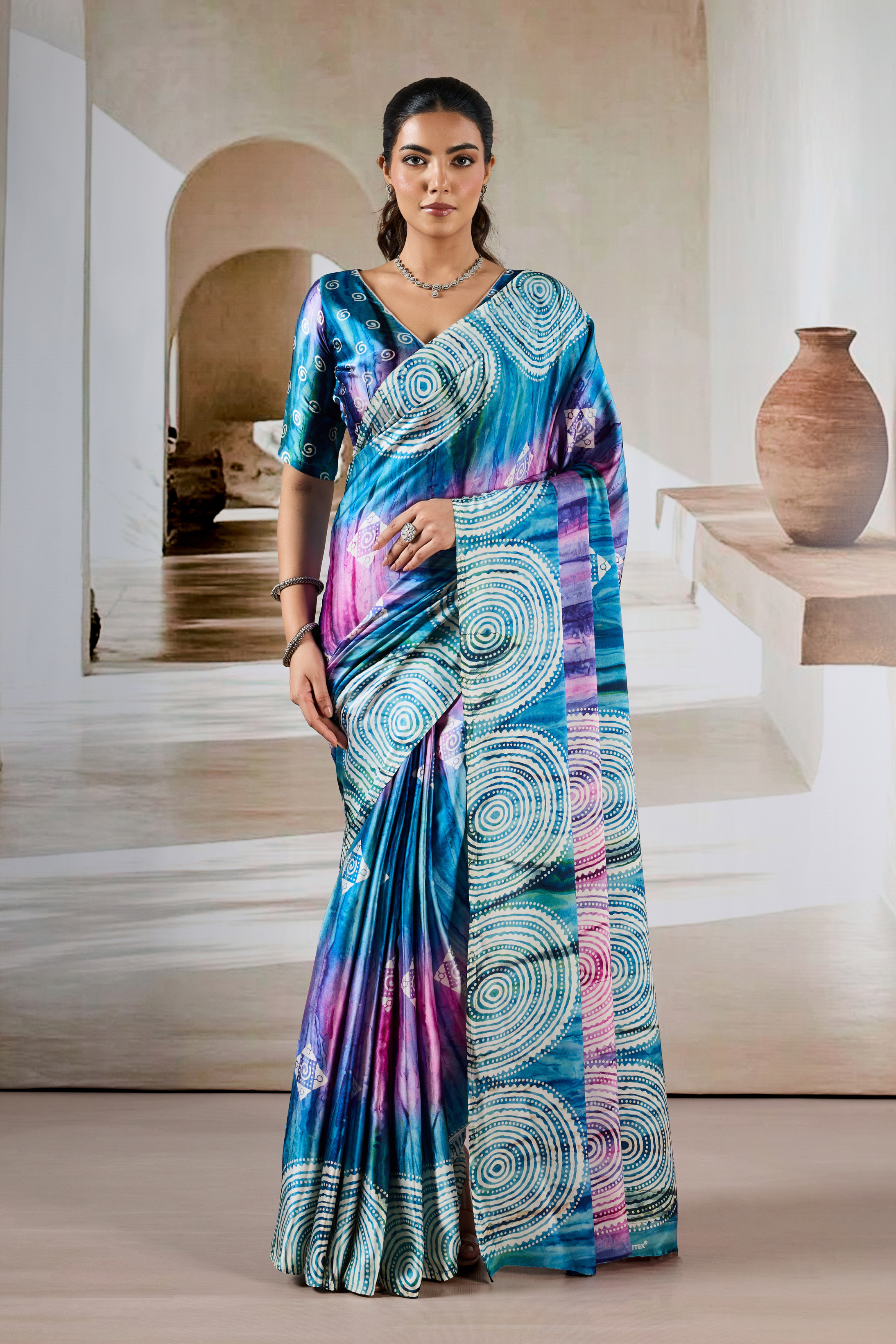 Buy MySilkLove Periwinkle Blue Modal Satin Hand Prism Print Saree Online