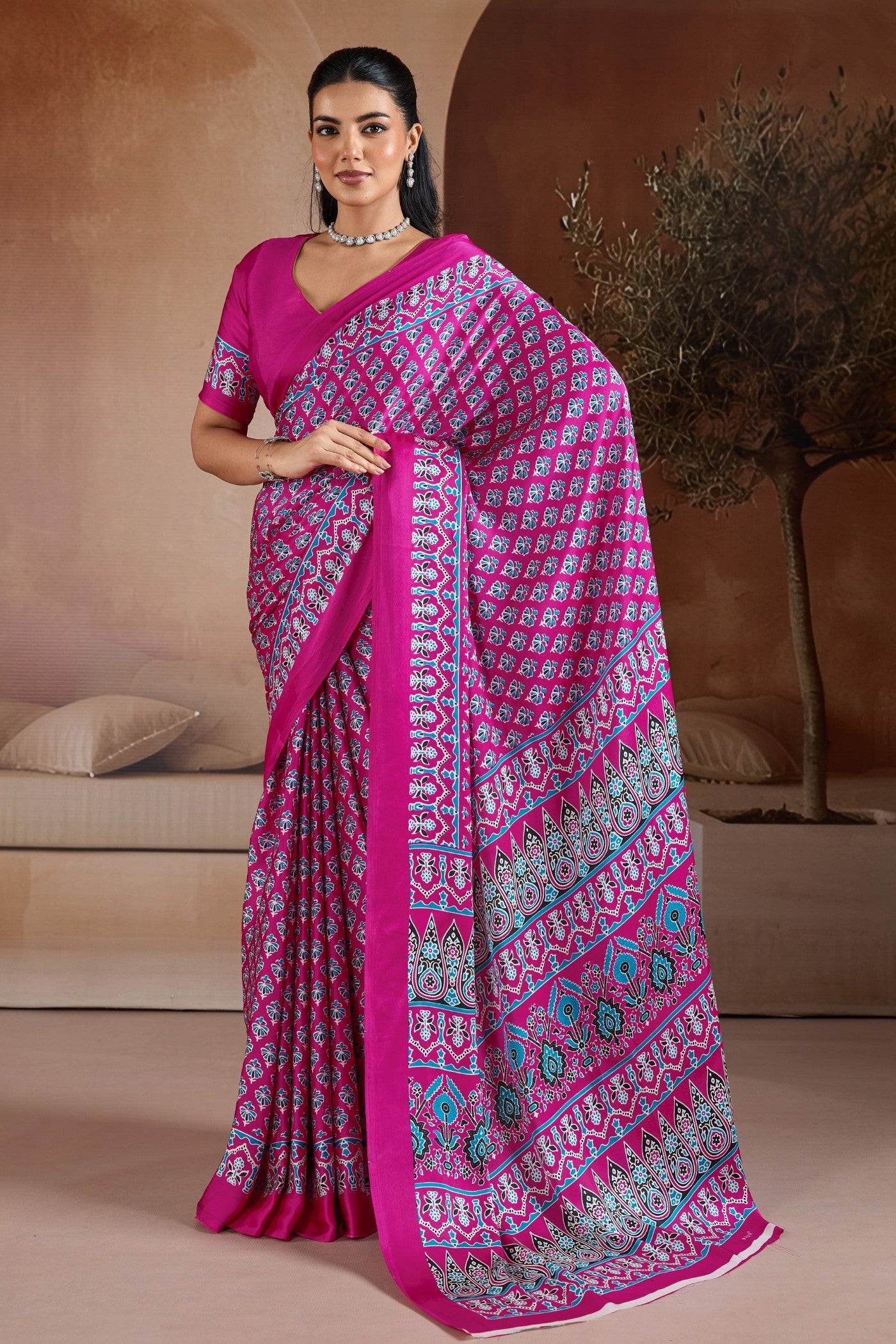 Buy MySilkLove Rajwadi Pink Ajrakh Printed Satin Crepe Silk Saree Online