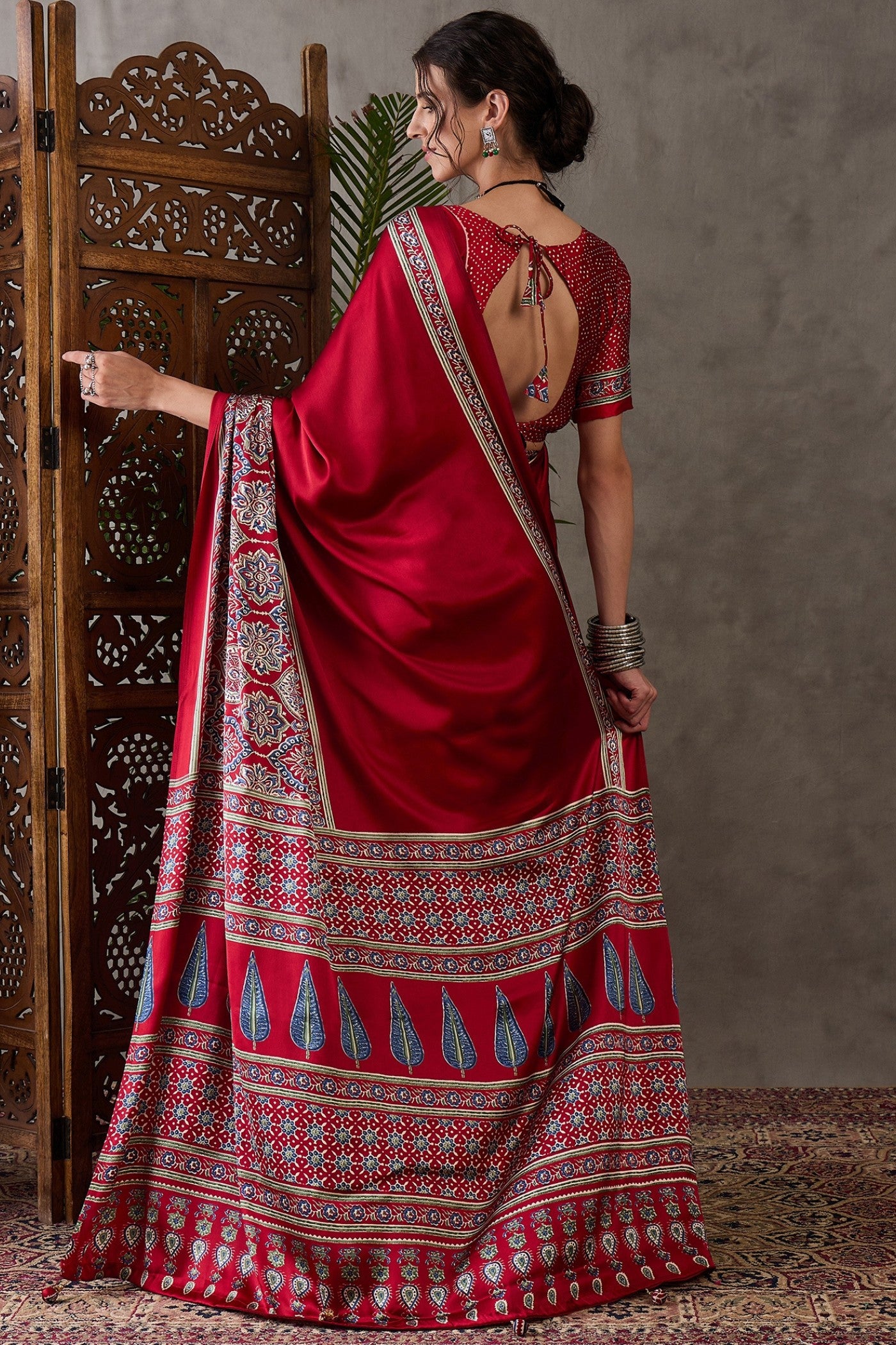 Buy MySilkLove Mocca Maroon Printed Satin Gaji Silk Saree Online