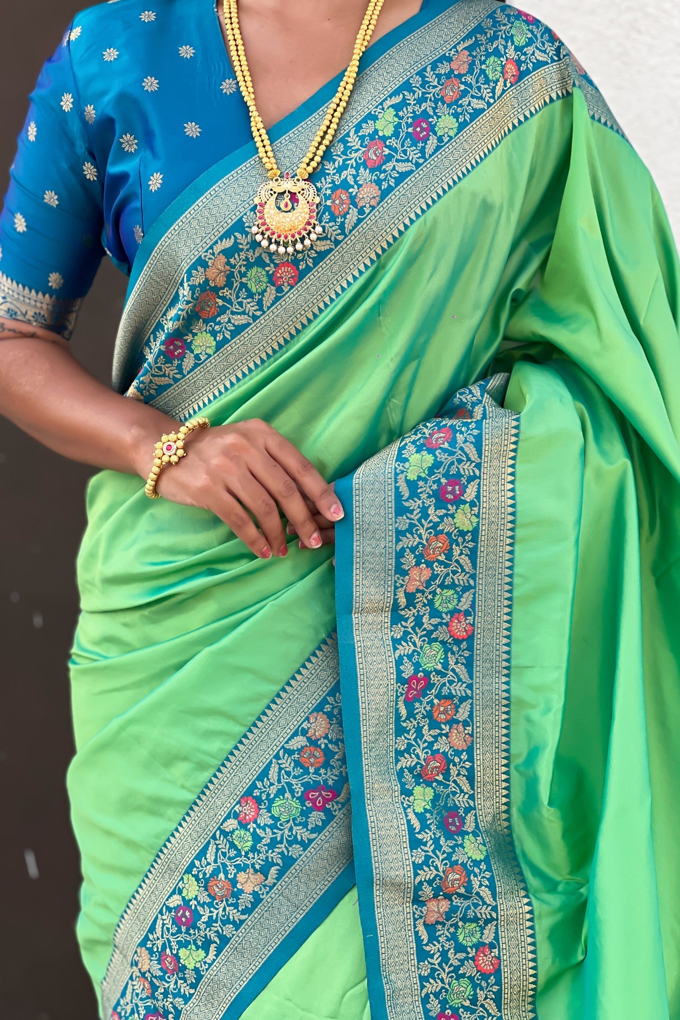 Buy MySilkLove Conifer Green and Blue Zari Woven Paithani Saree Online