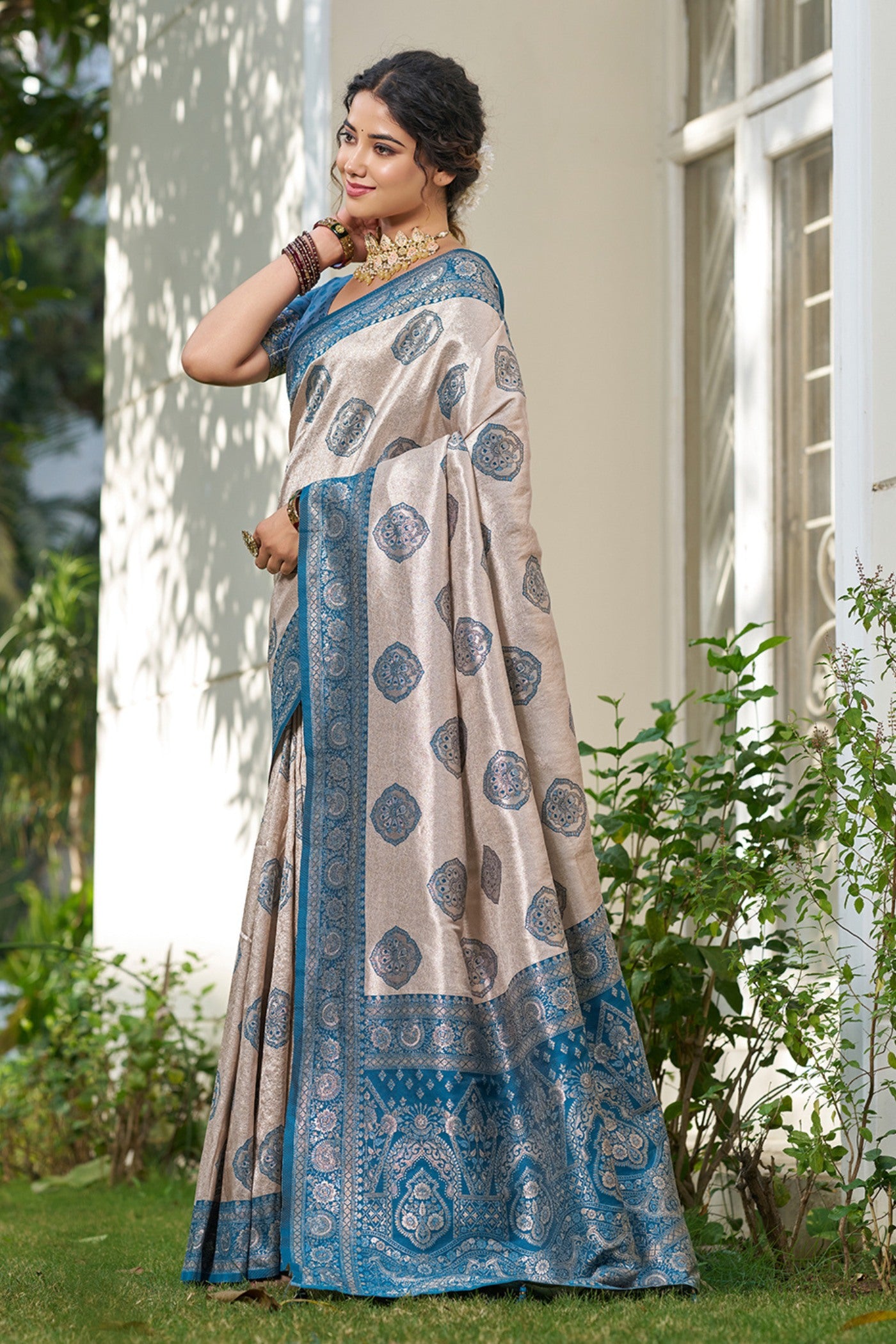 Buy MySilkLove Oyster Cream and Blue Woven Banarasi Saree Online