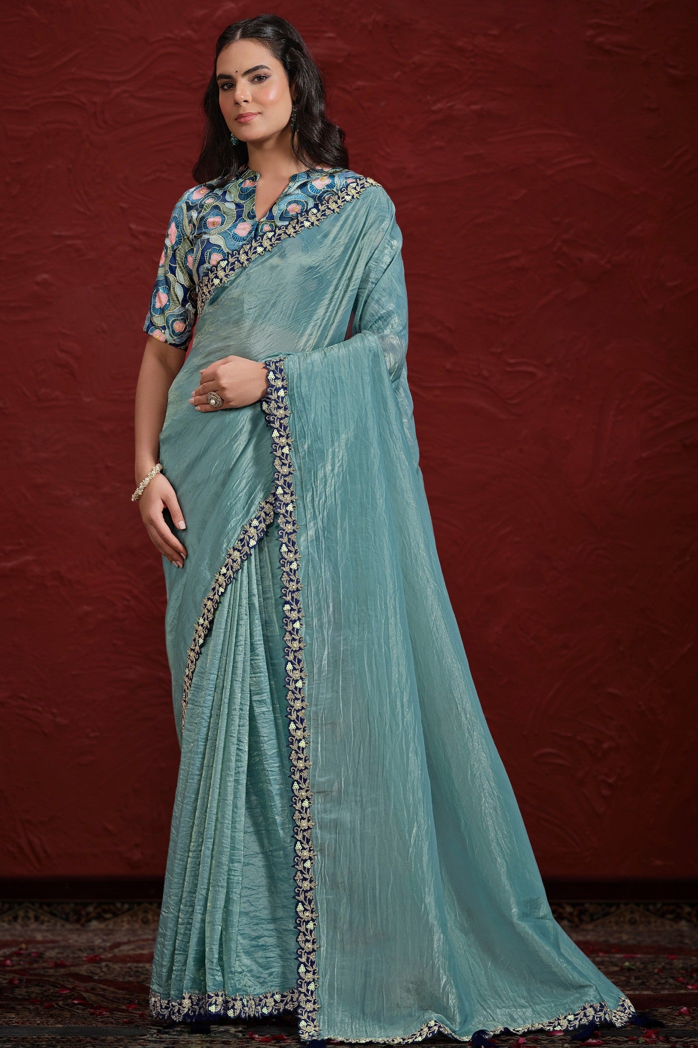 Buy MySilkLove Cornflower Blue Paper Silk Saree with Stitched Blouse Online