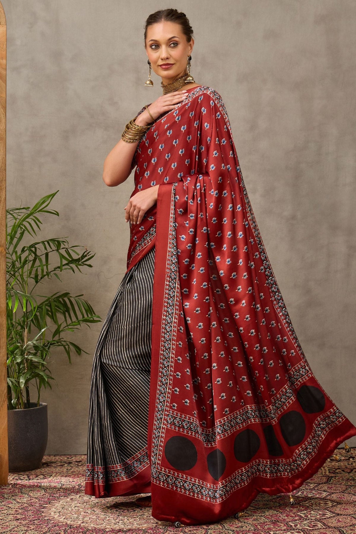 Buy MySilkLove Deep Maroon and Grey Modal Satin Printed Silk Saree Online