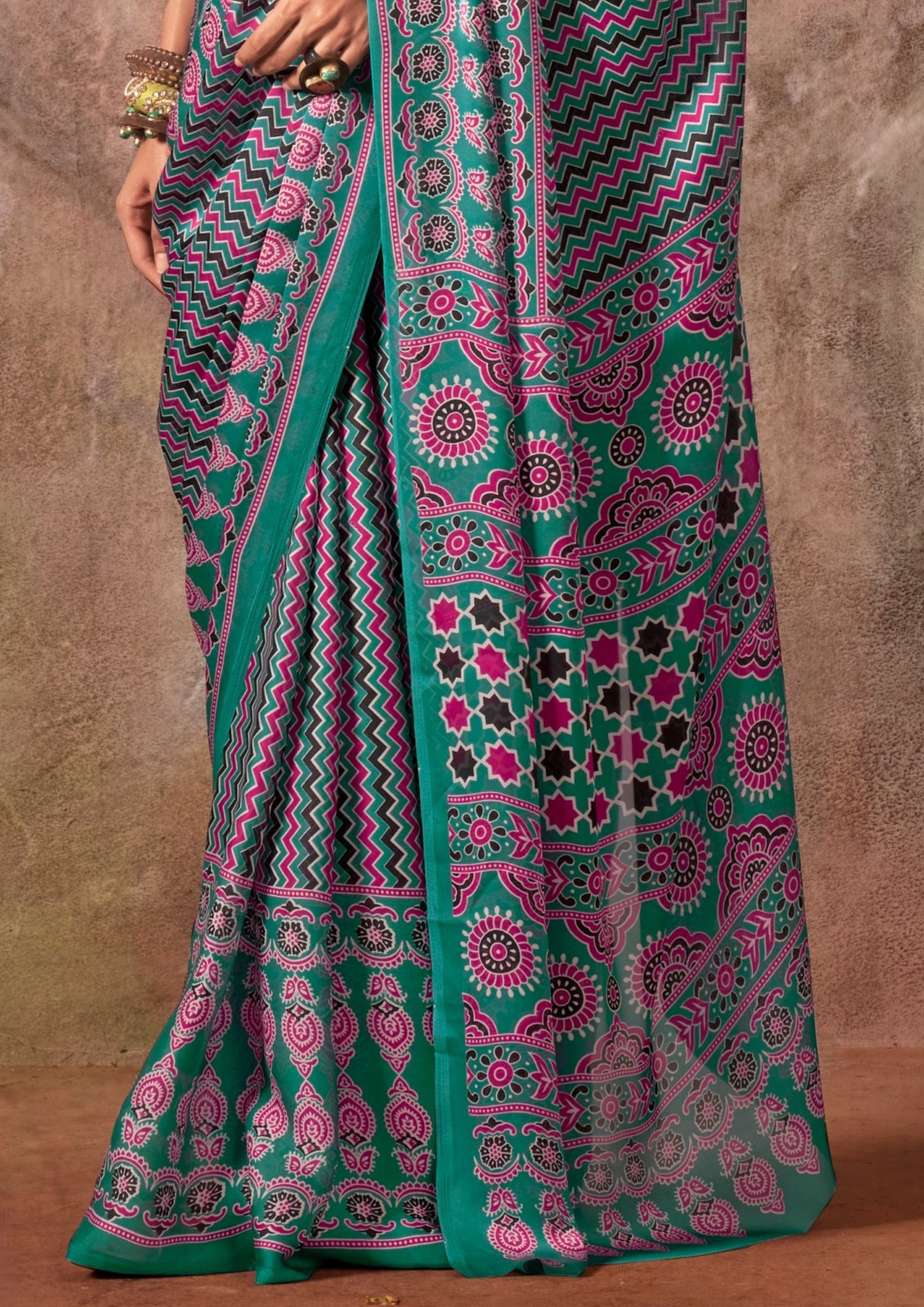 Buy MySilkLove Arsenic Grey and Green Ajrakh Printed Satin Georgette Silk Saree Online