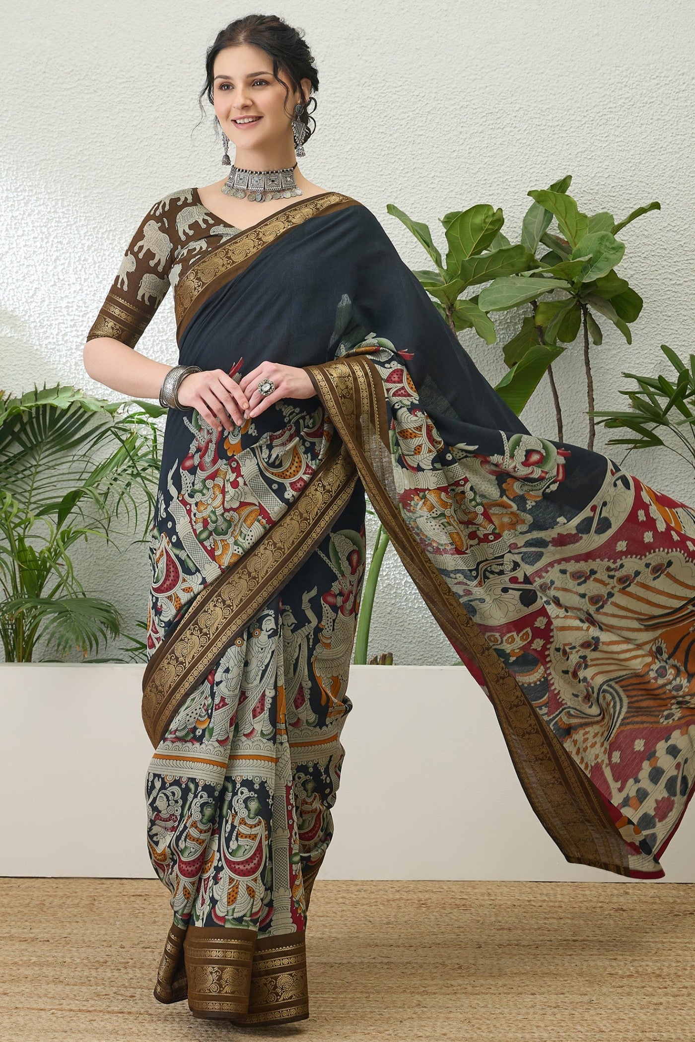 Buy MySilkLove Ink Black Printed Cotton Saree Online
