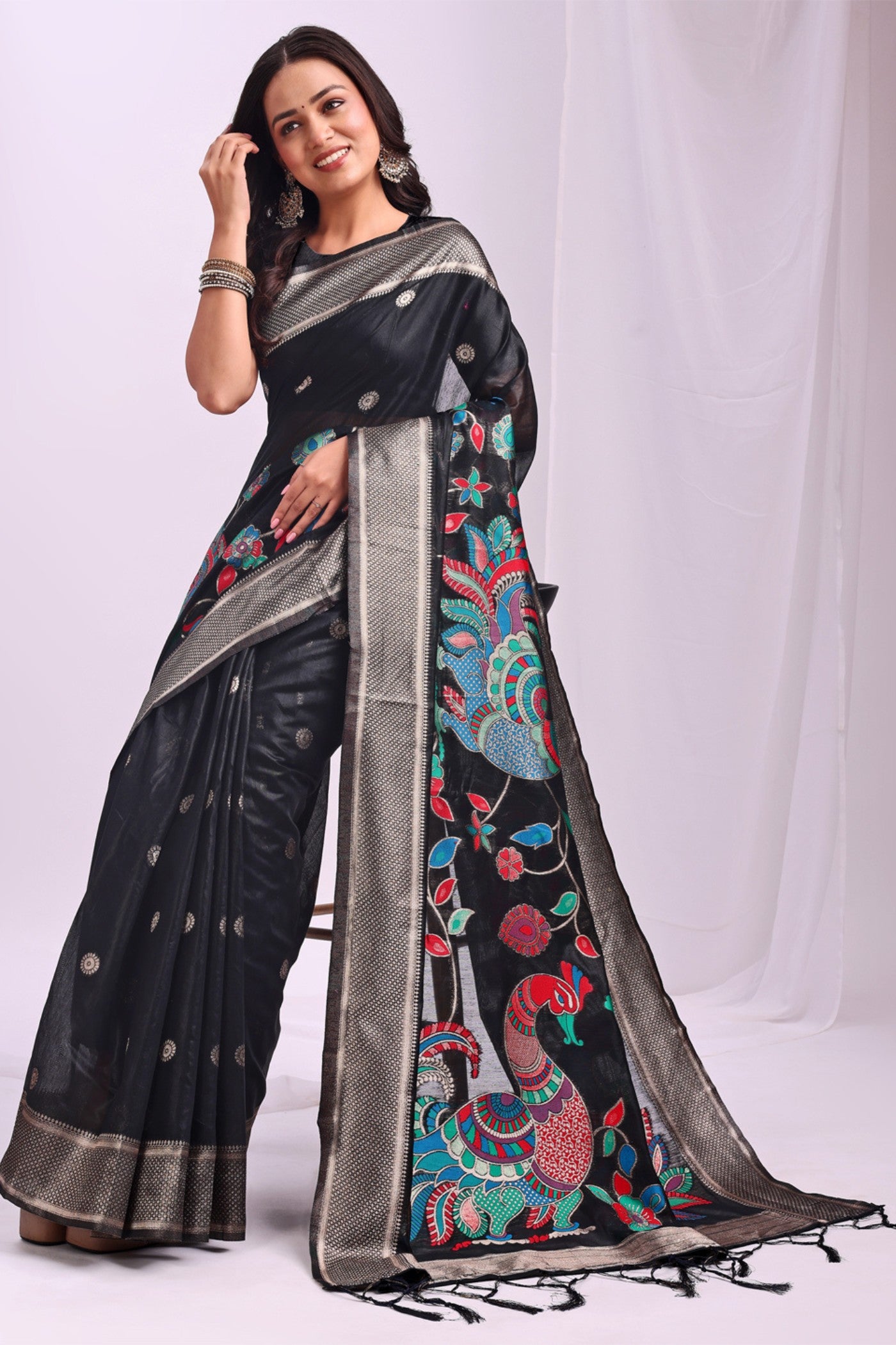 Buy MySilkLove Stone Black Woven Linen Cotton Saree Online