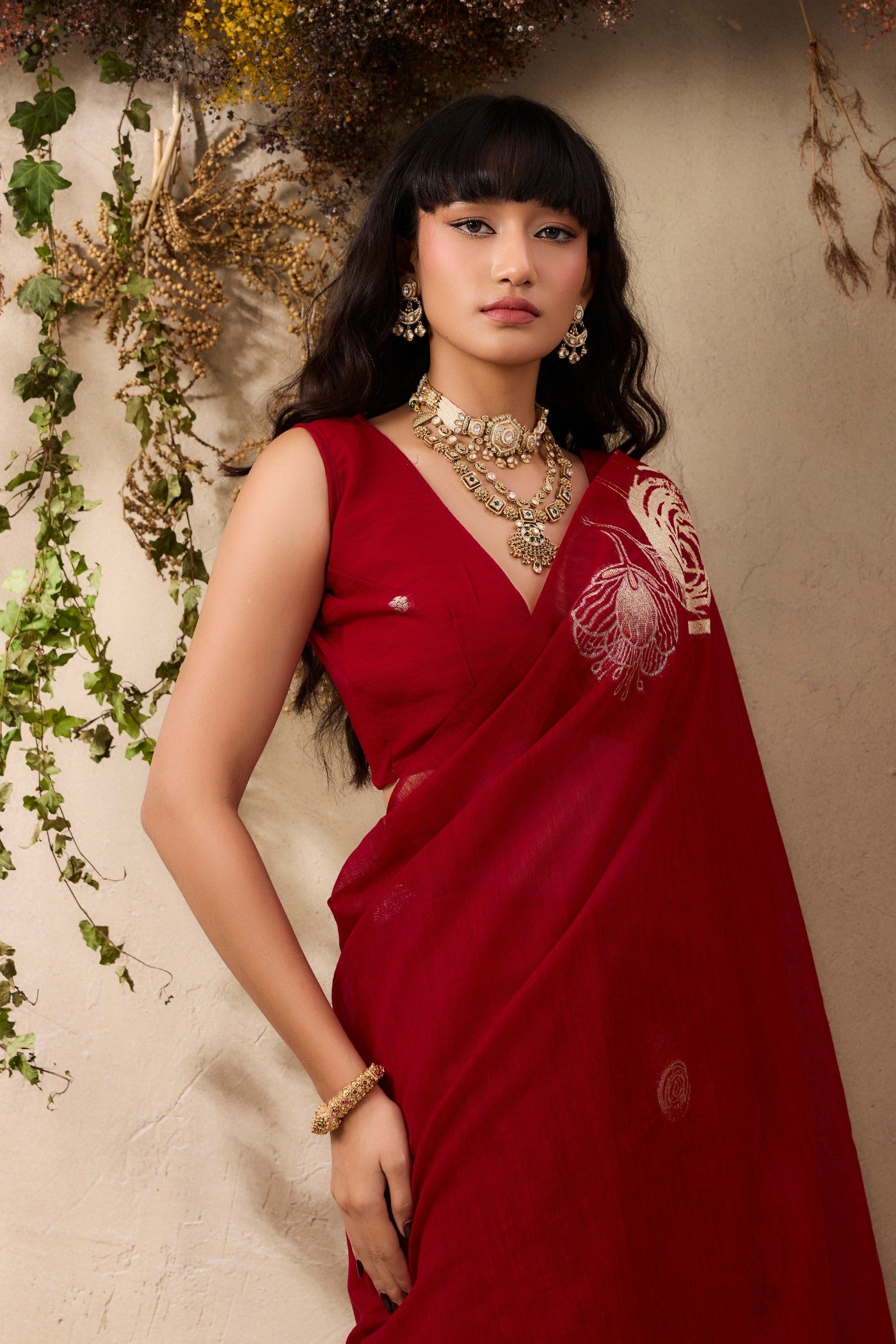 Buy MySilkLove Fire Rose Red Munga Handloom Cotton Saree Online