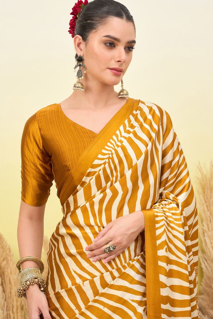 Buy MySilkLove Mustard Yellow Modal Ajrakh Satin Printed Silk Saree Online