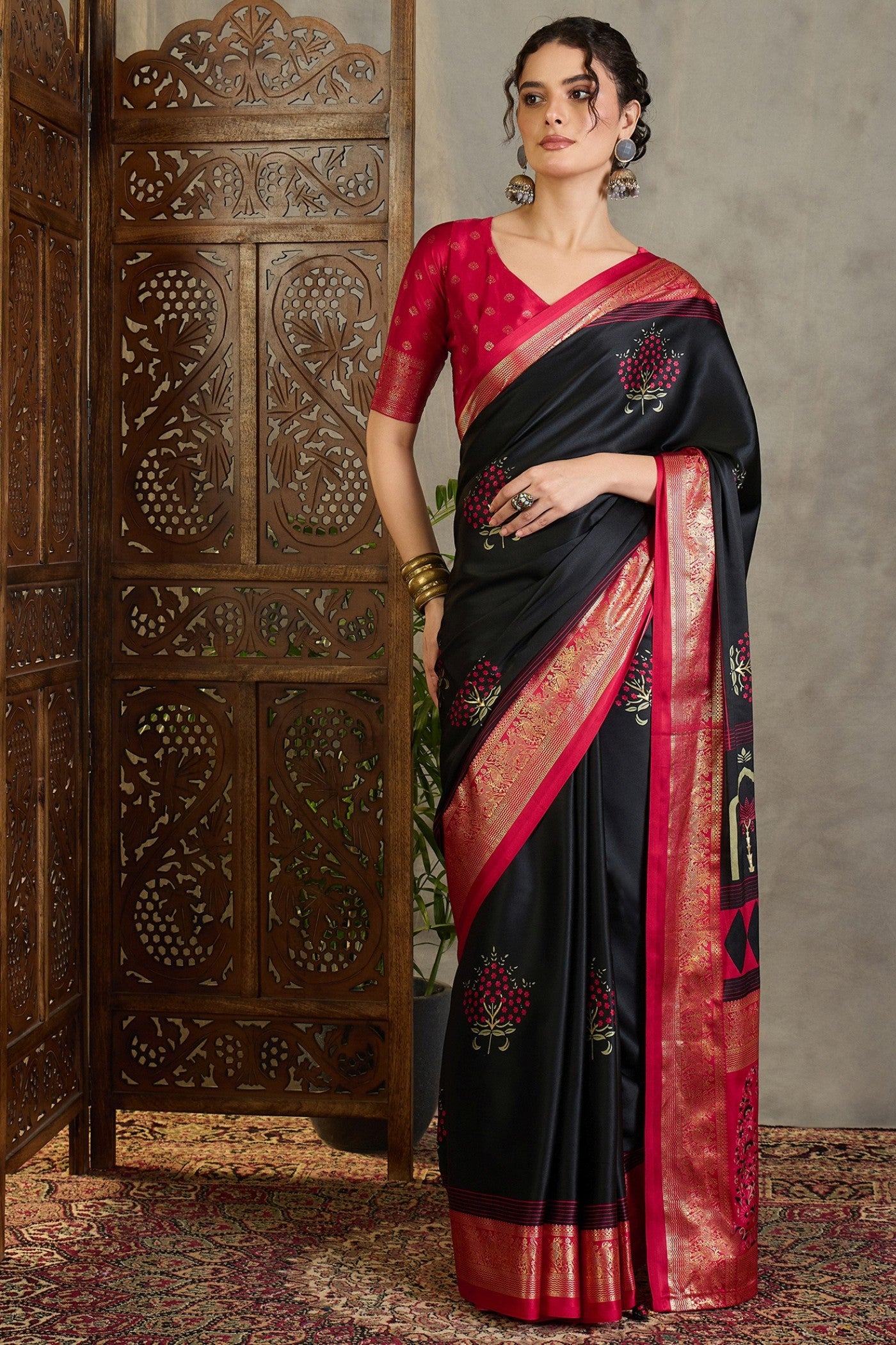 Buy MySilkLove Inked Black and Red Printed Satin Crepe Silk Saree Online