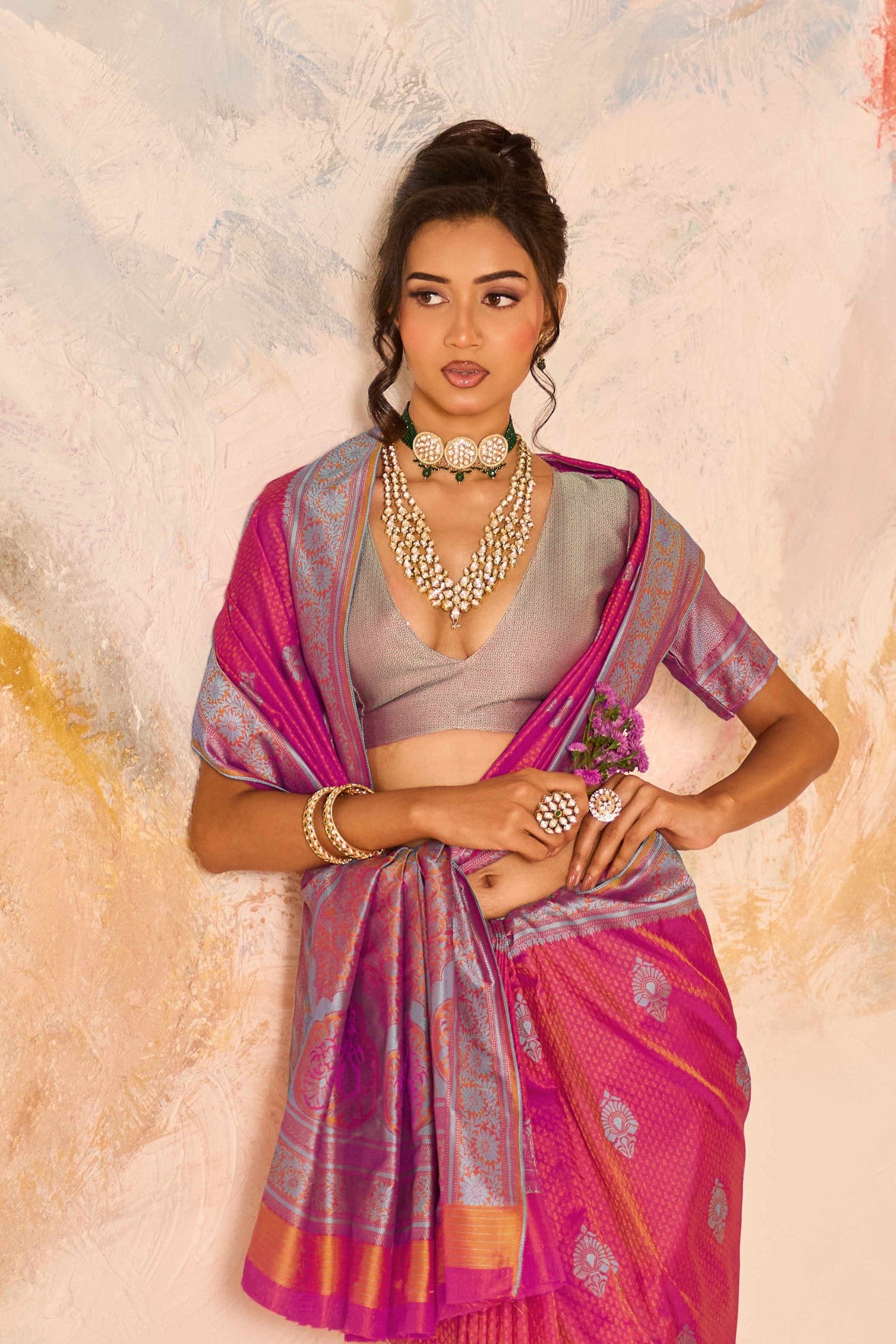 MySilkLove Flamingo Pink Woven Tanchoi Kanjivaram Saree
