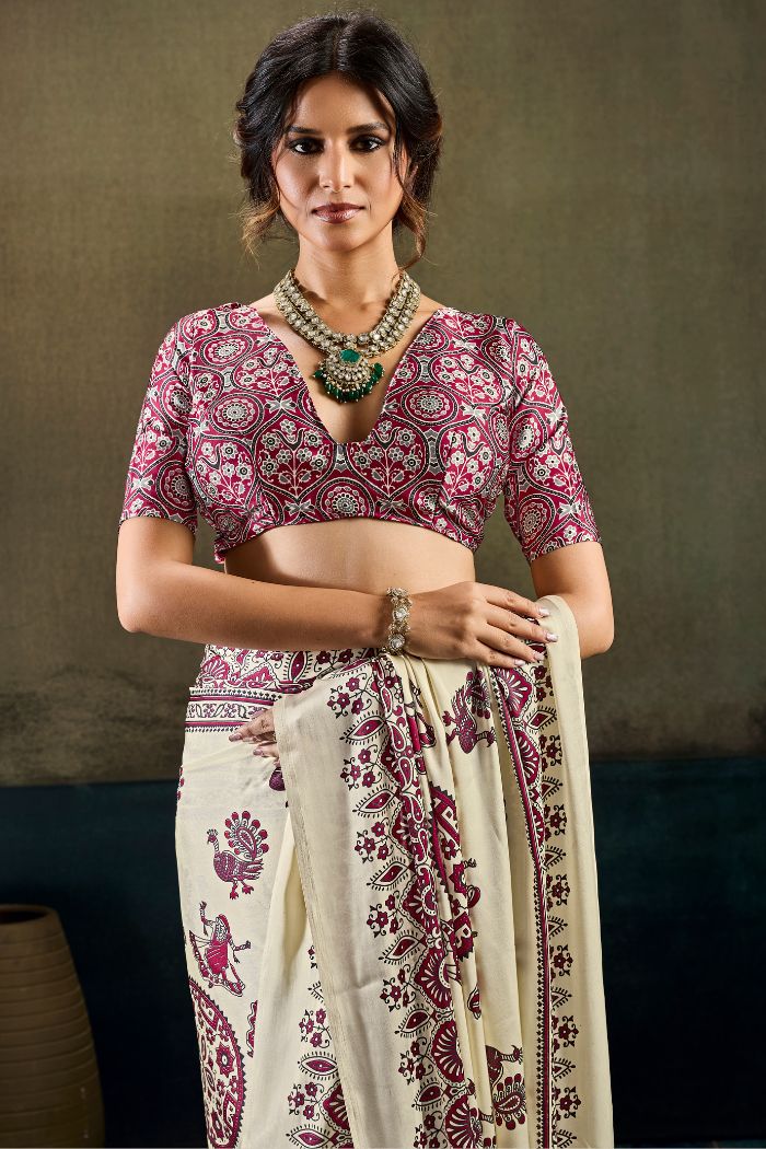 Buy MySilkLove Coconut Cream Modal Ajrakh Satin Printed Silk Saree Online